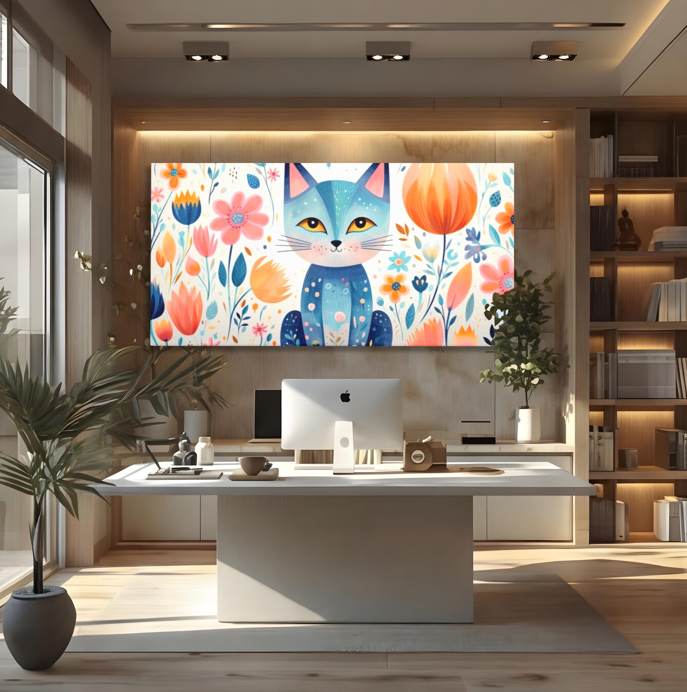 Leinwand Wandkunst Premium, LuxCanva® K1012, Miau durch die Blütenblätter, Schnurrhaare, Ohren, Katze, Lächeln, Lächeln, Sonne, Magie, Garten, Pastell, Pastell, Dekor, Hintergrund, Floral, Feline, Kinderzimmer