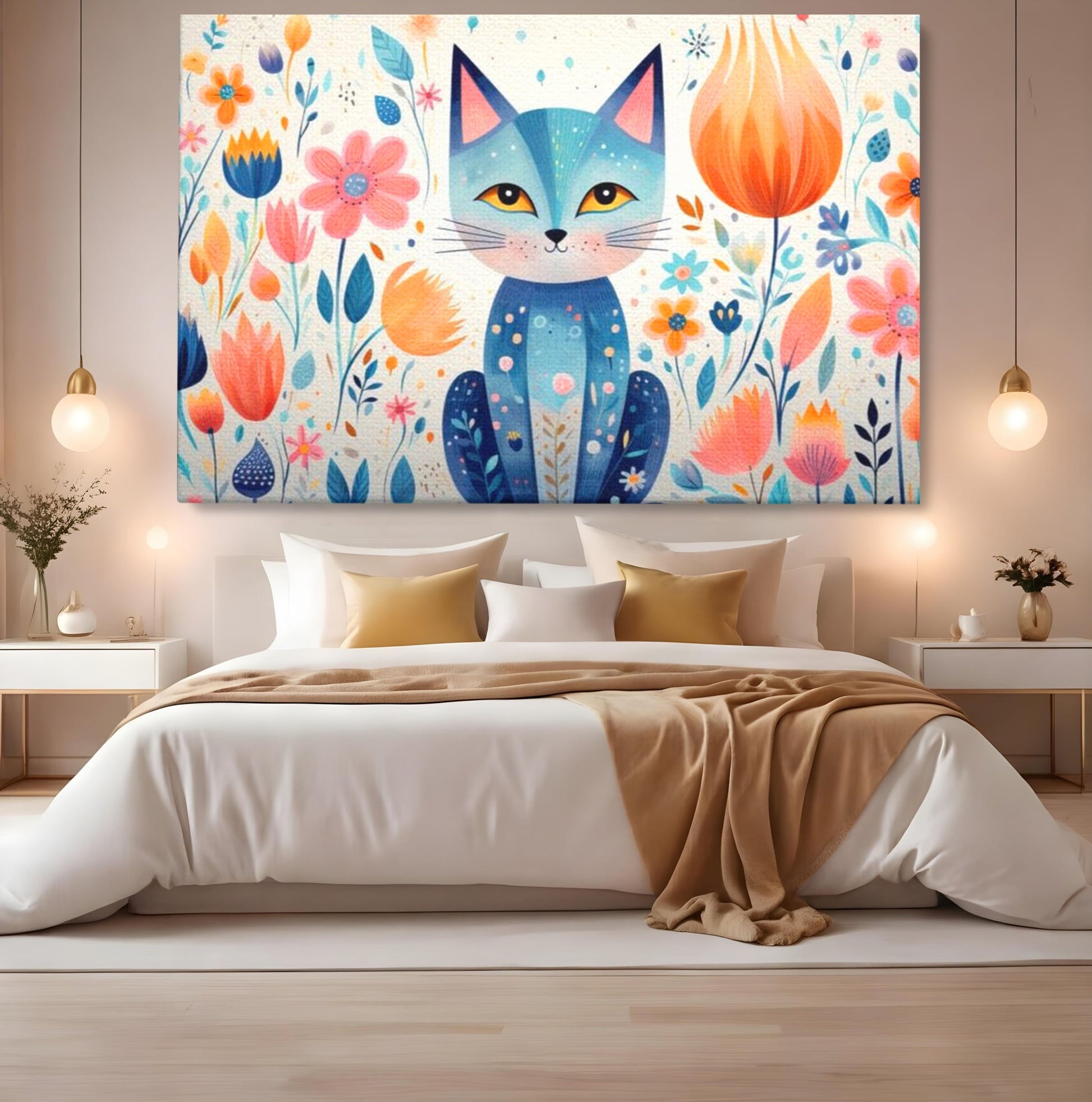 Leinwand Wandkunst Premium, LuxCanva® K1012, Miau durch die Blütenblätter, Schnurrhaare, Ohren, Katze, Lächeln, Lächeln, Sonne, Magie, Garten, Pastell, Pastell, Dekor, Hintergrund, Floral, Feline, Kinderzimmer