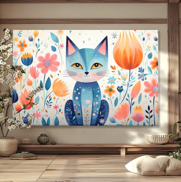 Leinwand Wandkunst Premium, LuxCanva® K1012, Miau durch die Blütenblätter, Schnurrhaare, Ohren, Katze, Lächeln, Lächeln, Sonne, Magie, Garten, Pastell, Pastell, Dekor, Hintergrund, Floral, Feline, Kinderzimmer