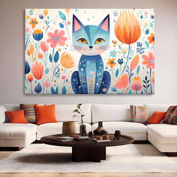Leinwand Wandkunst Premium, LuxCanva® K1012, Miau durch die Blütenblätter, Schnurrhaare, Ohren, Katze, Lächeln, Lächeln, Sonne, Magie, Garten, Pastell, Pastell, Dekor, Hintergrund, Floral, Feline, Kinderzimmer