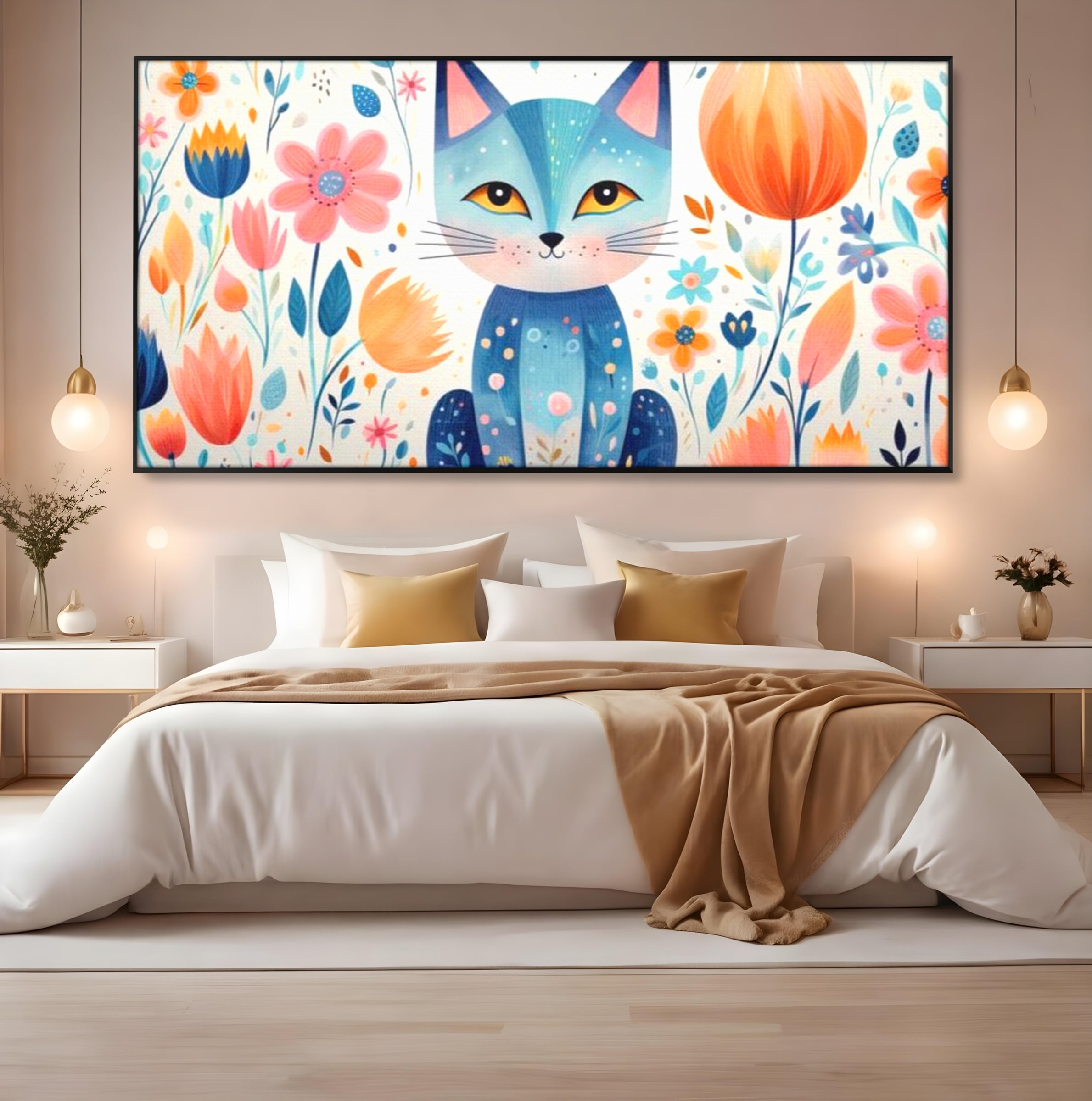 Leinwand Wandkunst Premium, LuxCanva® K1012, Miau durch die Blütenblätter, Schnurrhaare, Ohren, Katze, Lächeln, Lächeln, Sonne, Magie, Garten, Pastell, Pastell, Dekor, Hintergrund, Floral, Feline, Kinderzimmer