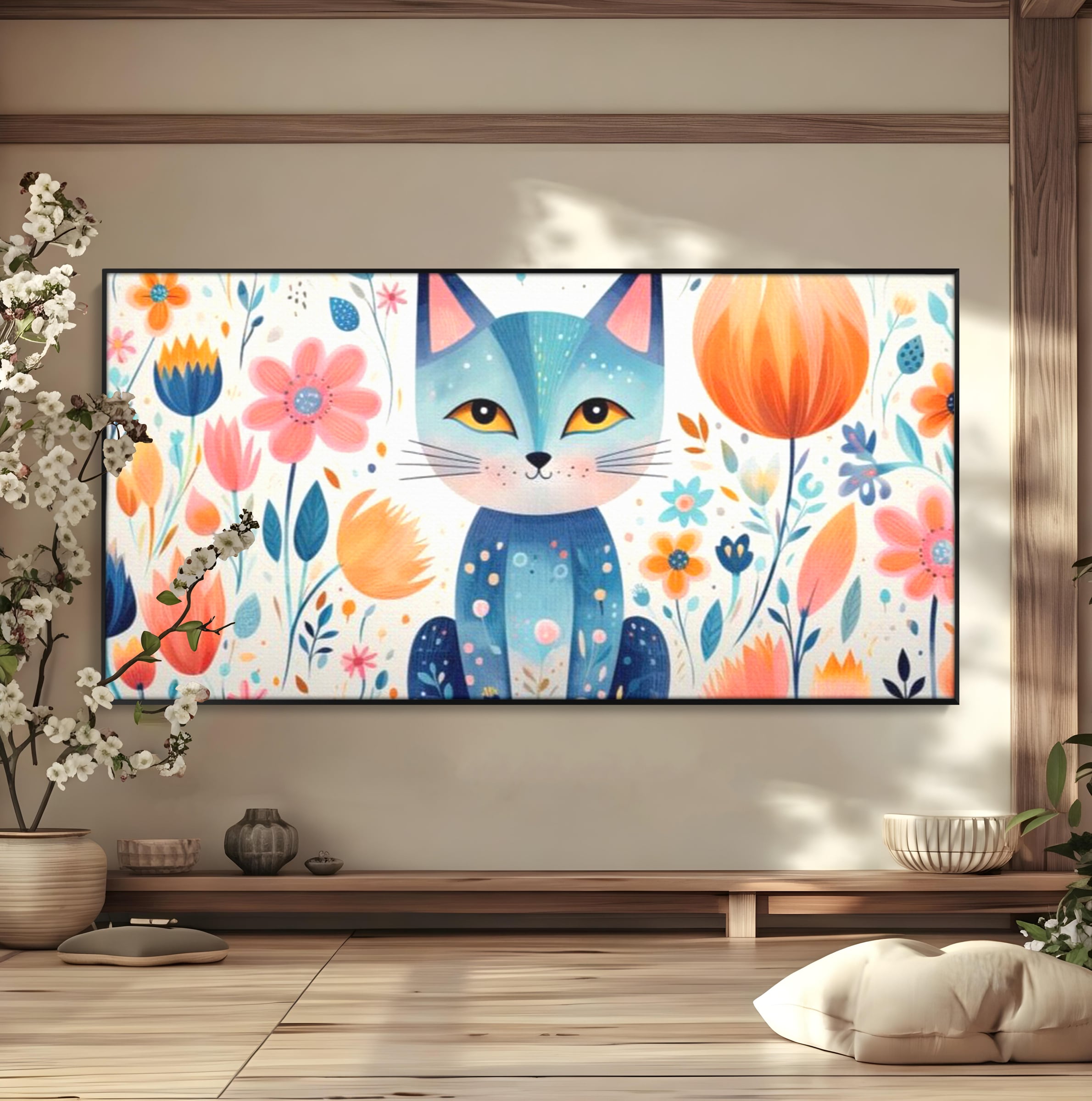 Leinwand Wandkunst Premium, LuxCanva® K1012, Miau durch die Blütenblätter, Schnurrhaare, Ohren, Katze, Lächeln, Lächeln, Sonne, Magie, Garten, Pastell, Pastell, Dekor, Hintergrund, Floral, Feline, Kinderzimmer