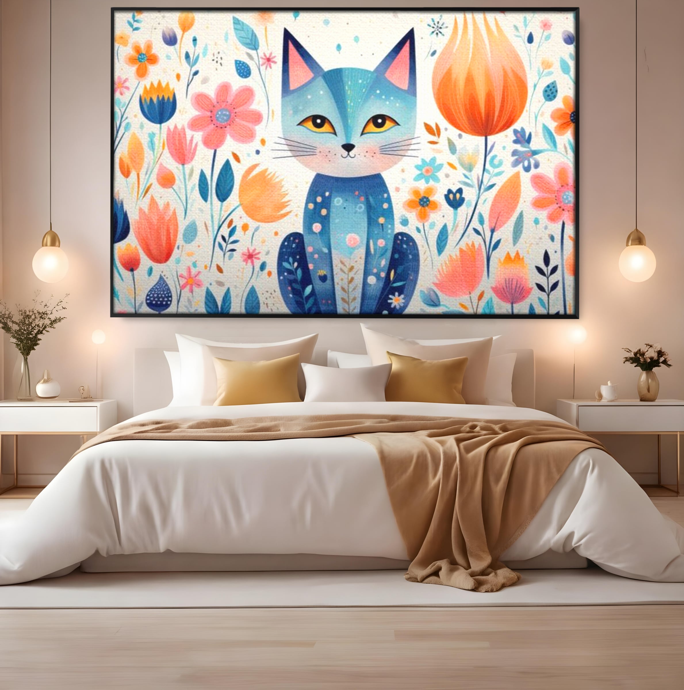 Leinwand Wandkunst Premium, LuxCanva® K1012, Miau durch die Blütenblätter, Schnurrhaare, Ohren, Katze, Lächeln, Lächeln, Sonne, Magie, Garten, Pastell, Pastell, Dekor, Hintergrund, Floral, Feline, Kinderzimmer