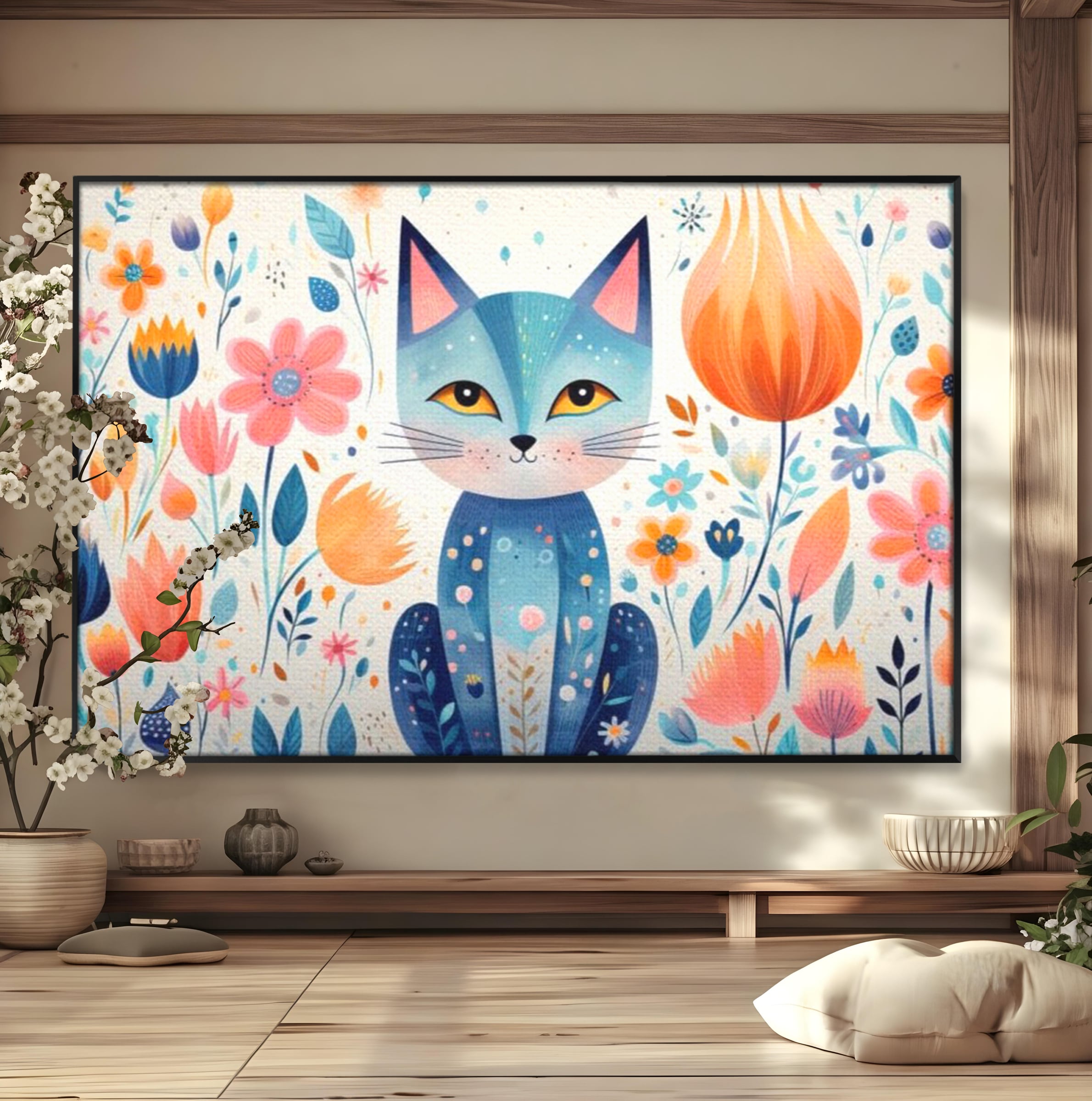 Leinwand Wandkunst Premium, LuxCanva® K1012, Miau durch die Blütenblätter, Schnurrhaare, Ohren, Katze, Lächeln, Lächeln, Sonne, Magie, Garten, Pastell, Pastell, Dekor, Hintergrund, Floral, Feline, Kinderzimmer
