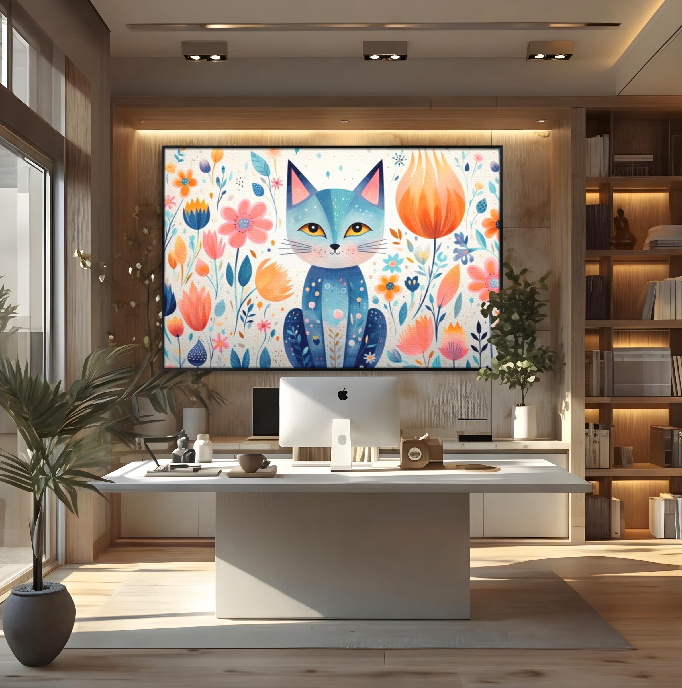 Leinwand Wandkunst Premium, LuxCanva® K1012, Miau durch die Blütenblätter, Schnurrhaare, Ohren, Katze, Lächeln, Lächeln, Sonne, Magie, Garten, Pastell, Pastell, Dekor, Hintergrund, Floral, Feline, Kinderzimmer