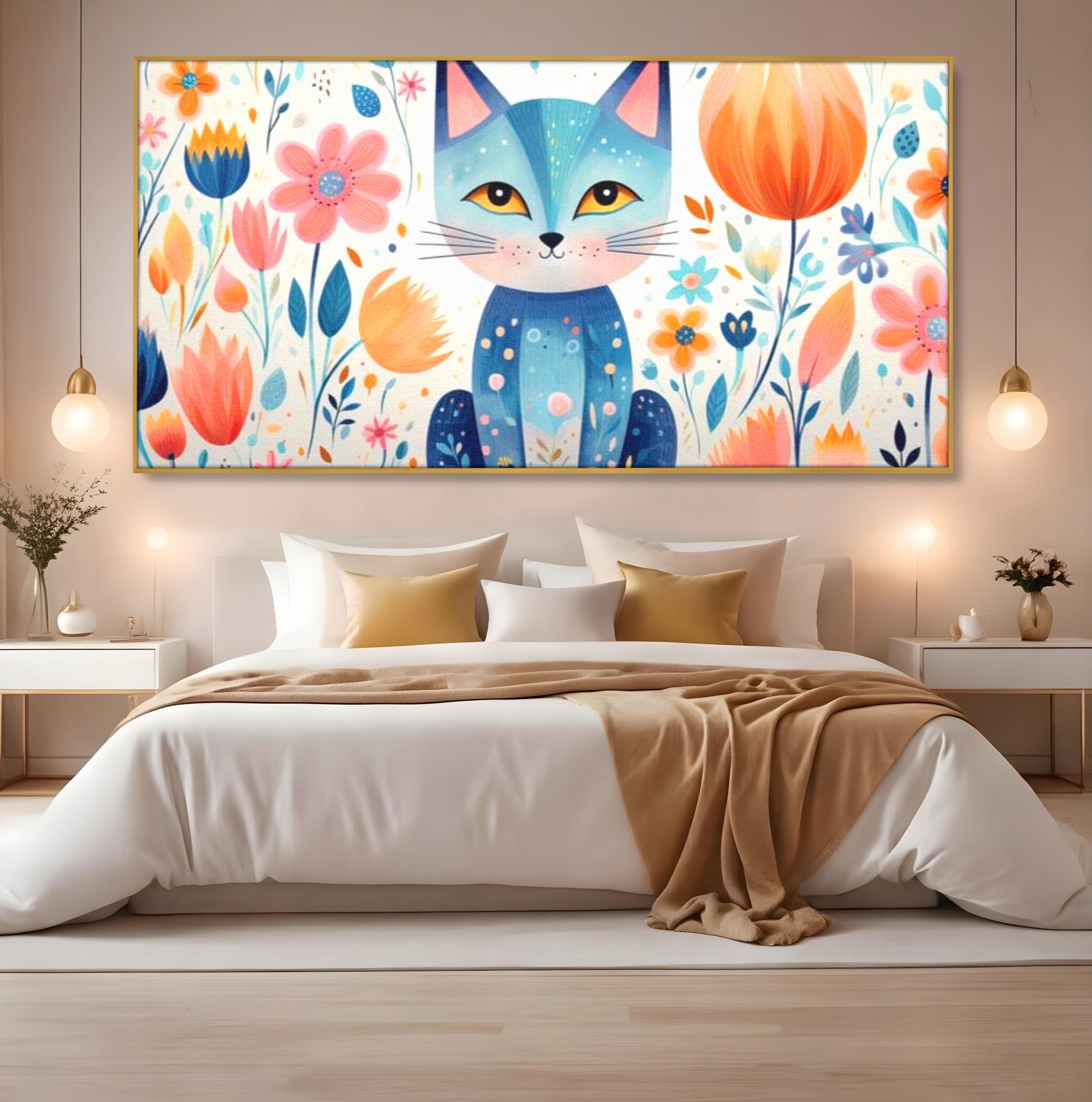 Leinwand Wandkunst Premium, LuxCanva® K1012, Miau durch die Blütenblätter, Schnurrhaare, Ohren, Katze, Lächeln, Lächeln, Sonne, Magie, Garten, Pastell, Pastell, Dekor, Hintergrund, Floral, Feline, Kinderzimmer