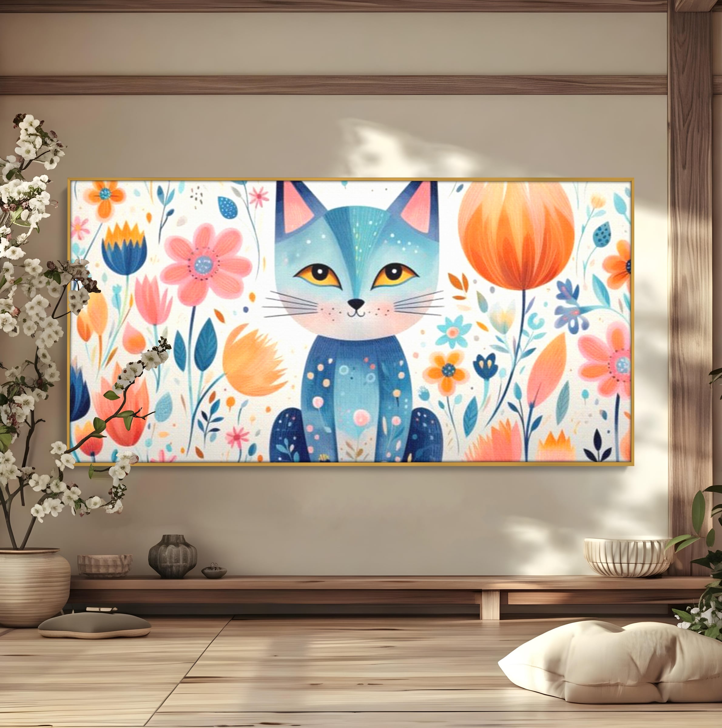 Leinwand Wandkunst Premium, LuxCanva® K1012, Miau durch die Blütenblätter, Schnurrhaare, Ohren, Katze, Lächeln, Lächeln, Sonne, Magie, Garten, Pastell, Pastell, Dekor, Hintergrund, Floral, Feline, Kinderzimmer
