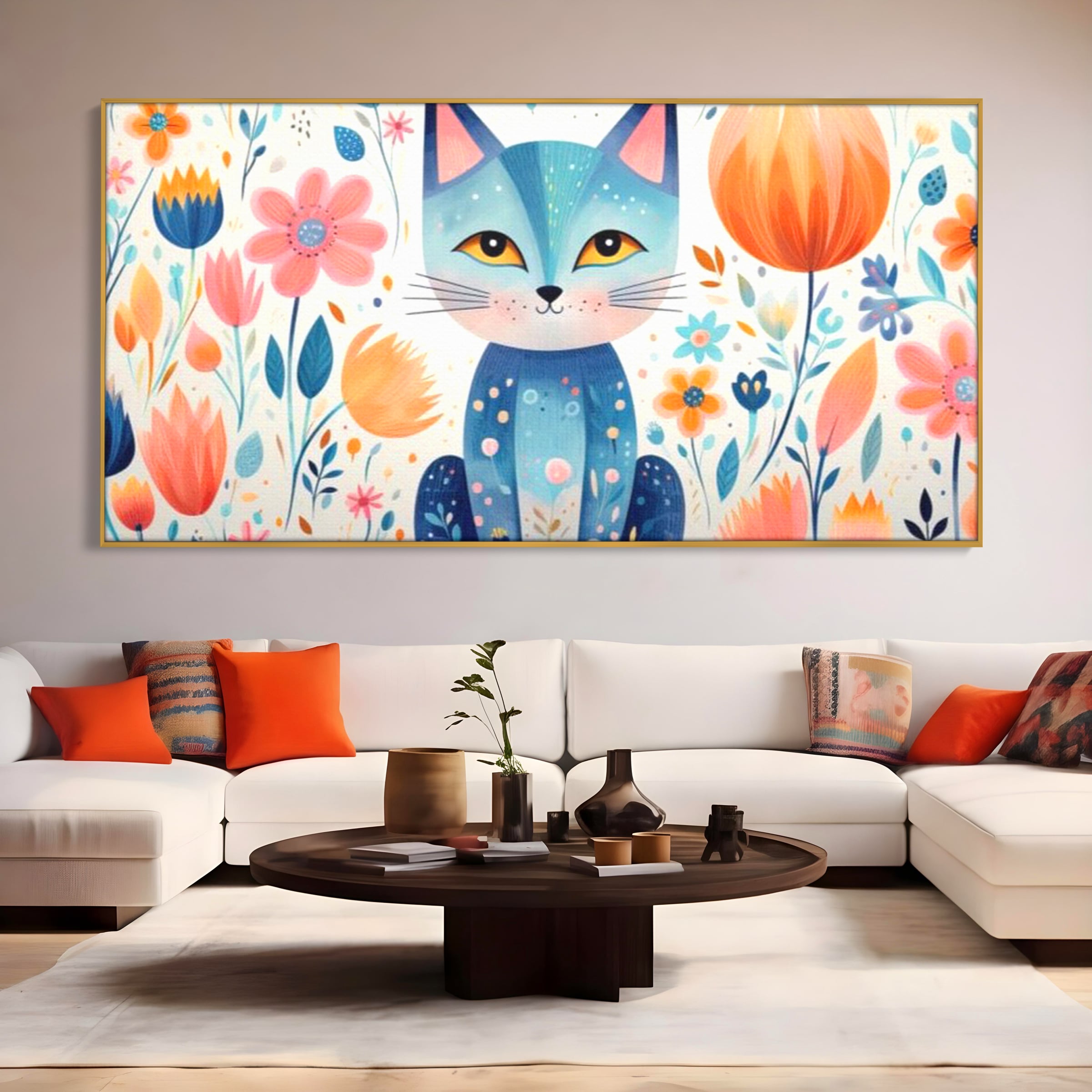 Leinwand Wandkunst Premium, LuxCanva® K1012, Miau durch die Blütenblätter, Schnurrhaare, Ohren, Katze, Lächeln, Lächeln, Sonne, Magie, Garten, Pastell, Pastell, Dekor, Hintergrund, Floral, Feline, Kinderzimmer