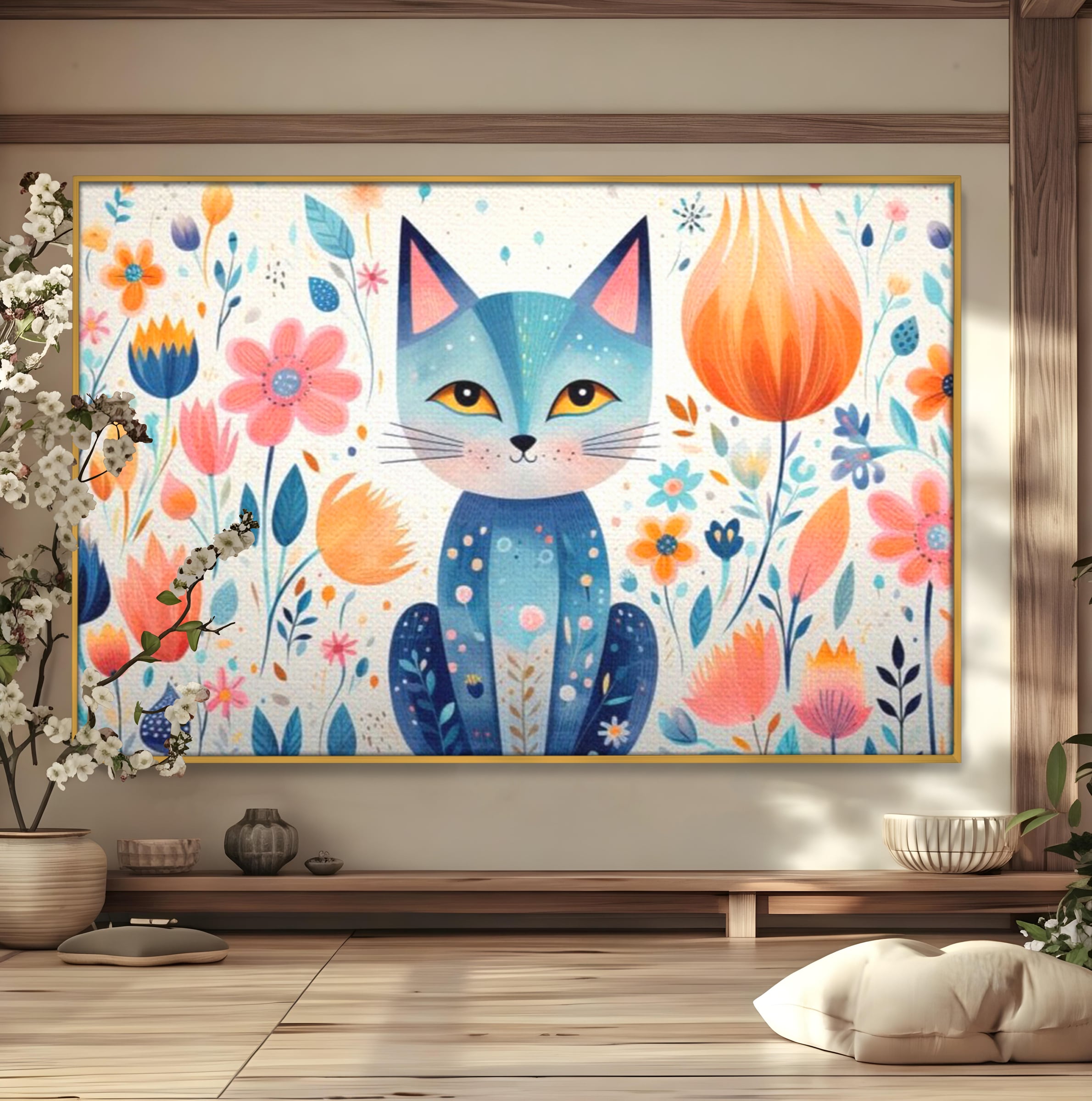 Leinwand Wandkunst Premium, LuxCanva® K1012, Miau durch die Blütenblätter, Schnurrhaare, Ohren, Katze, Lächeln, Lächeln, Sonne, Magie, Garten, Pastell, Pastell, Dekor, Hintergrund, Floral, Feline, Kinderzimmer