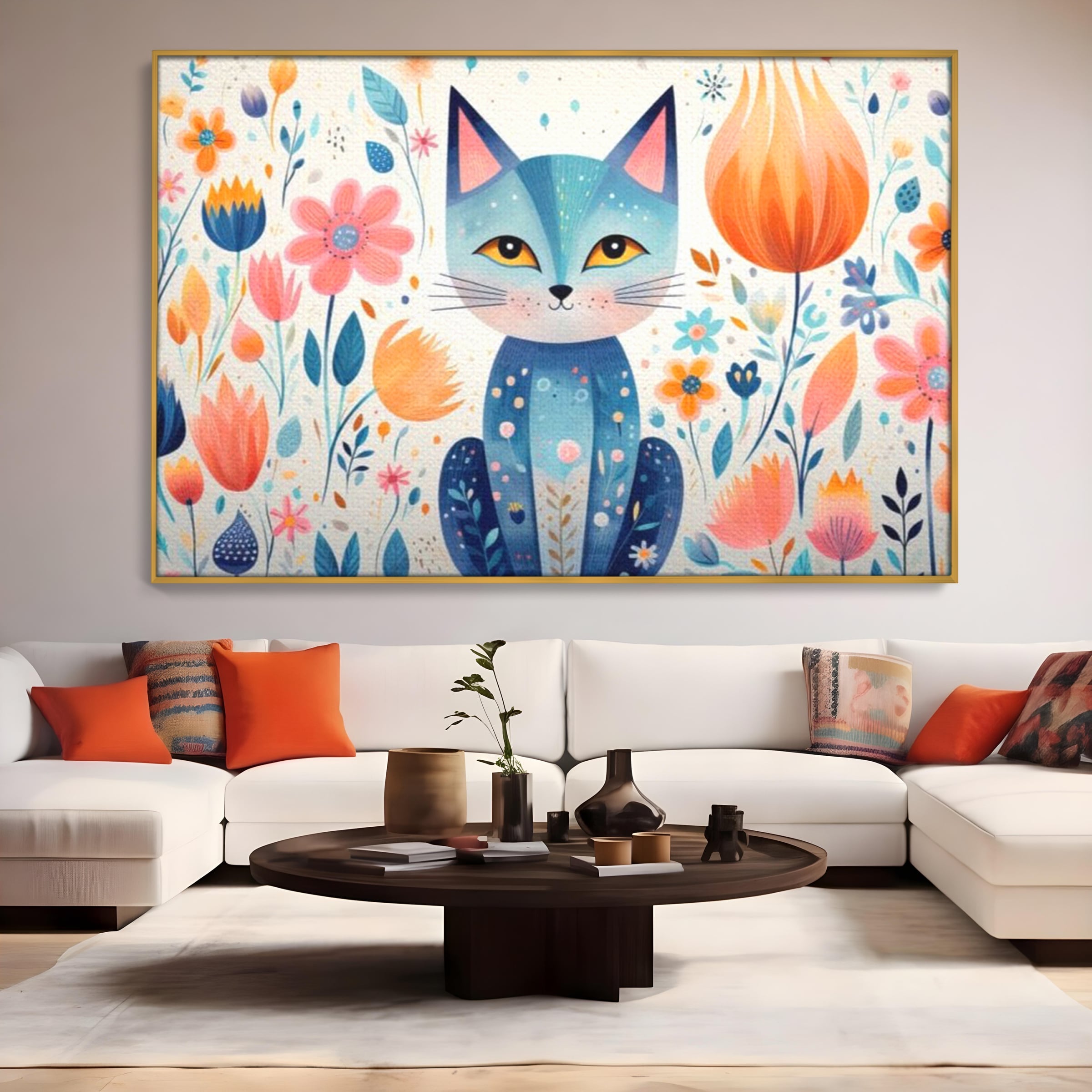 Leinwand Wandkunst Premium, LuxCanva® K1012, Miau durch die Blütenblätter, Schnurrhaare, Ohren, Katze, Lächeln, Lächeln, Sonne, Magie, Garten, Pastell, Pastell, Dekor, Hintergrund, Floral, Feline, Kinderzimmer