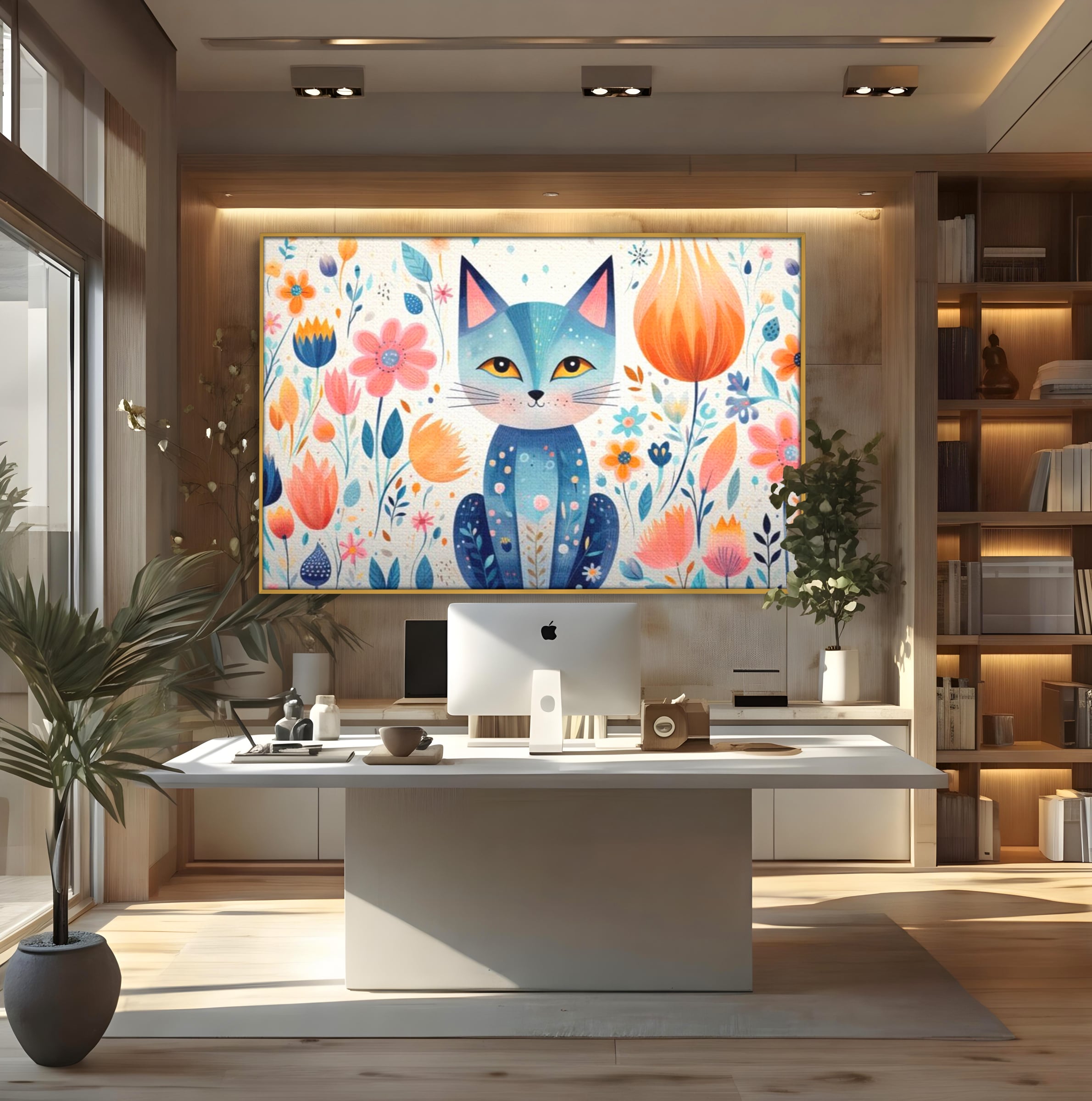 Leinwand Wandkunst Premium, LuxCanva® K1012, Miau durch die Blütenblätter, Schnurrhaare, Ohren, Katze, Lächeln, Lächeln, Sonne, Magie, Garten, Pastell, Pastell, Dekor, Hintergrund, Floral, Feline, Kinderzimmer