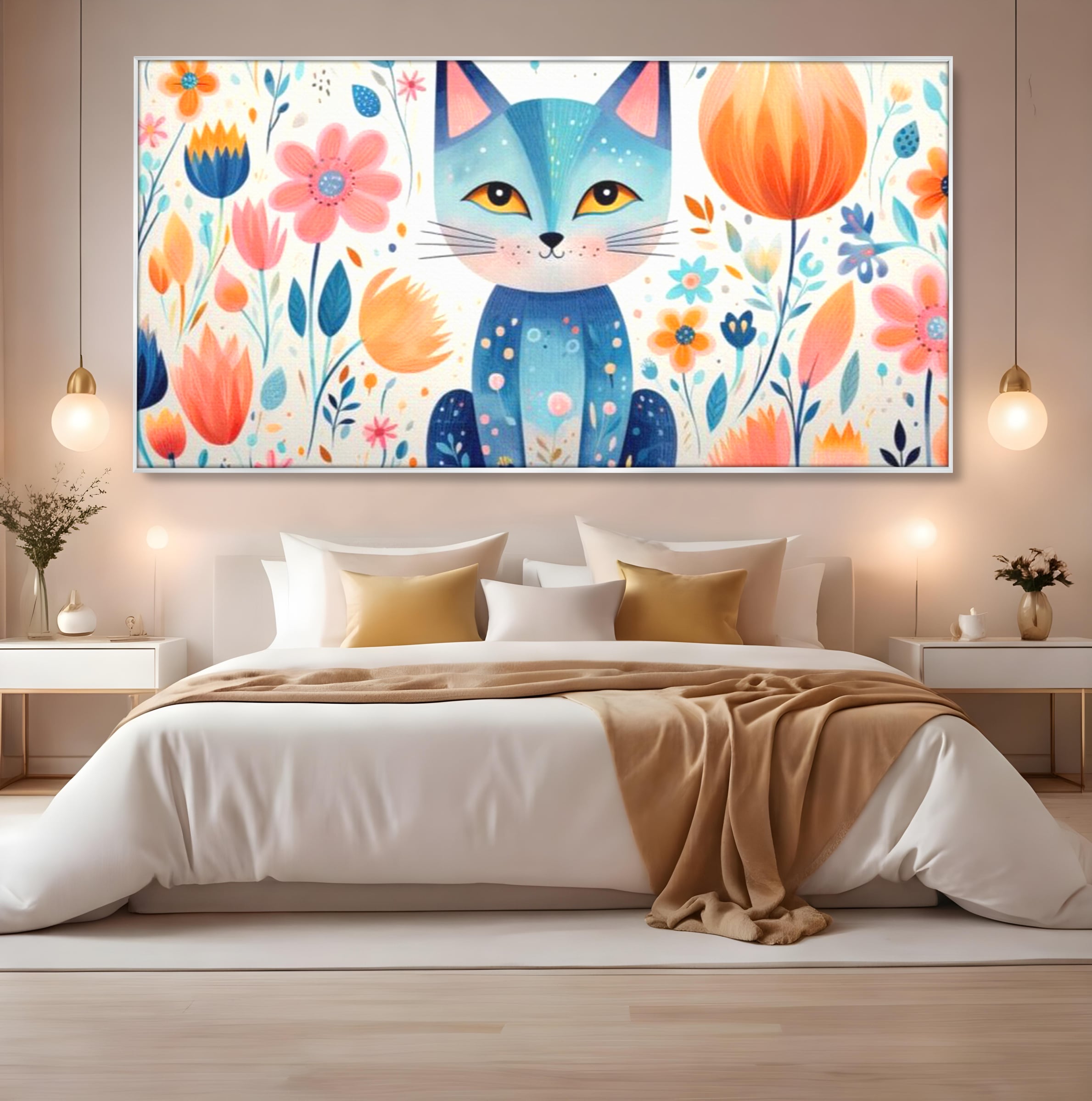 Leinwand Wandkunst Premium, LuxCanva® K1012, Miau durch die Blütenblätter, Schnurrhaare, Ohren, Katze, Lächeln, Lächeln, Sonne, Magie, Garten, Pastell, Pastell, Dekor, Hintergrund, Floral, Feline, Kinderzimmer