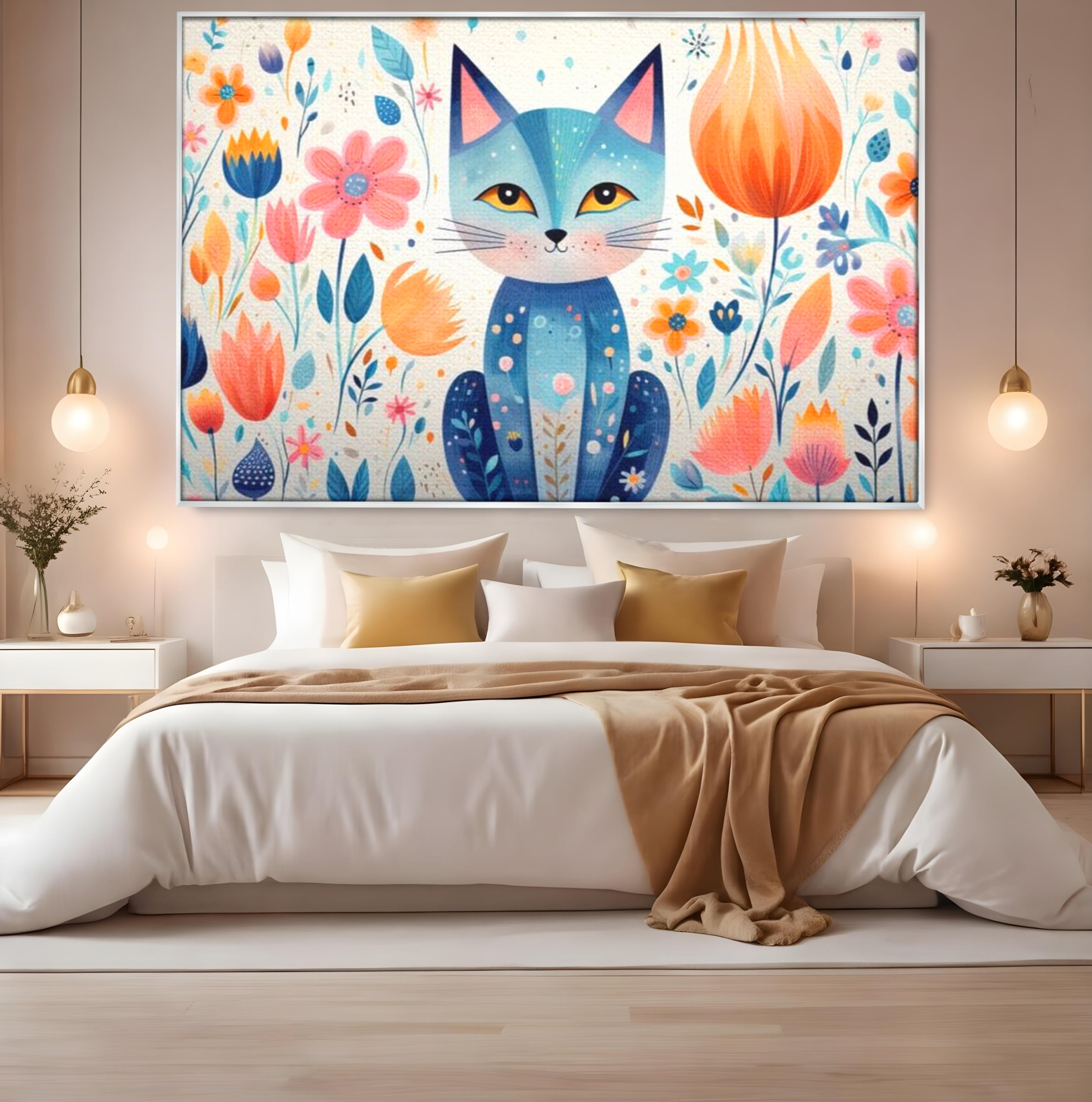 Leinwand Wandkunst Premium, LuxCanva® K1012, Miau durch die Blütenblätter, Schnurrhaare, Ohren, Katze, Lächeln, Lächeln, Sonne, Magie, Garten, Pastell, Pastell, Dekor, Hintergrund, Floral, Feline, Kinderzimmer