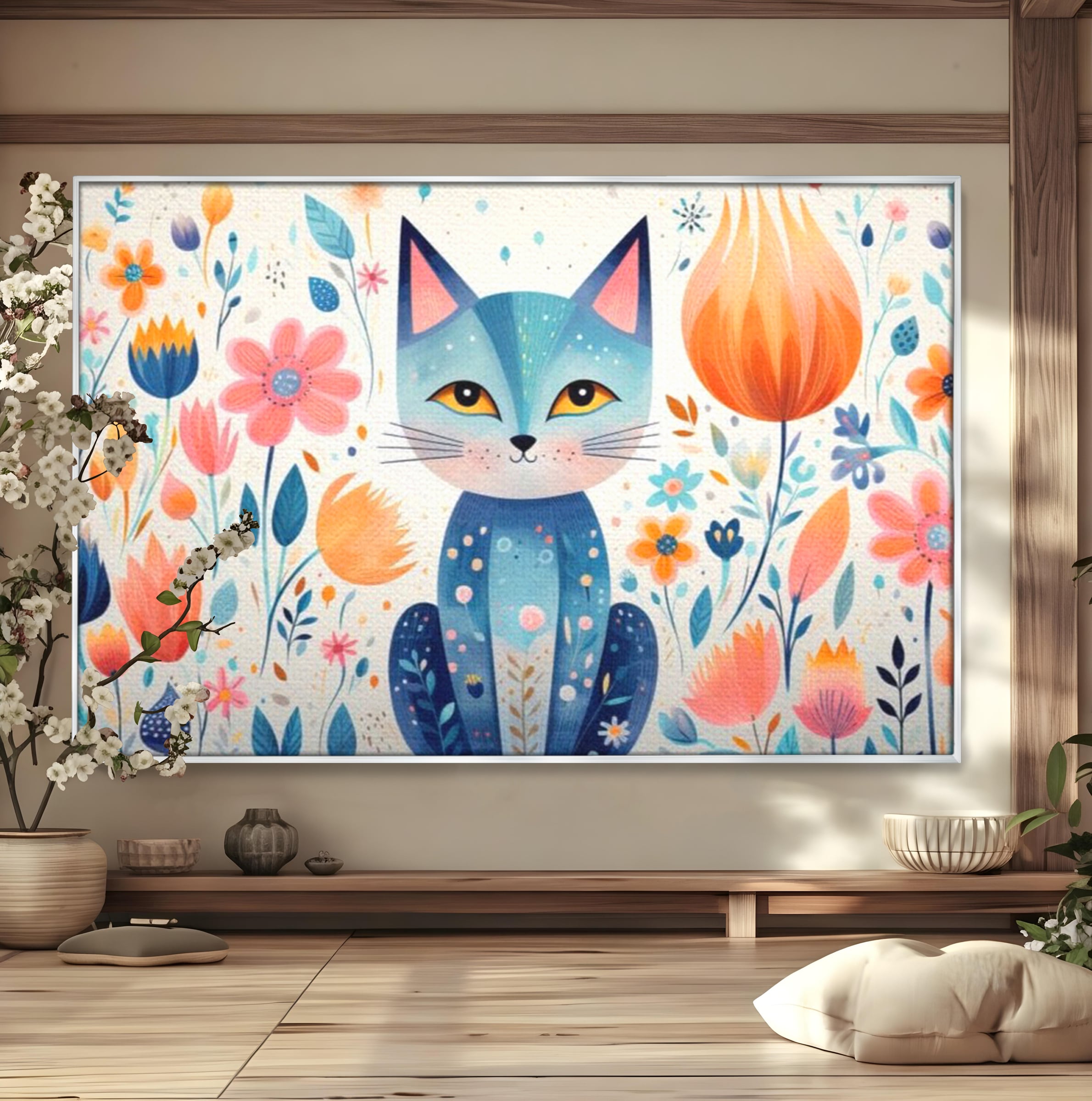 Leinwand Wandkunst Premium, LuxCanva® K1012, Miau durch die Blütenblätter, Schnurrhaare, Ohren, Katze, Lächeln, Lächeln, Sonne, Magie, Garten, Pastell, Pastell, Dekor, Hintergrund, Floral, Feline, Kinderzimmer