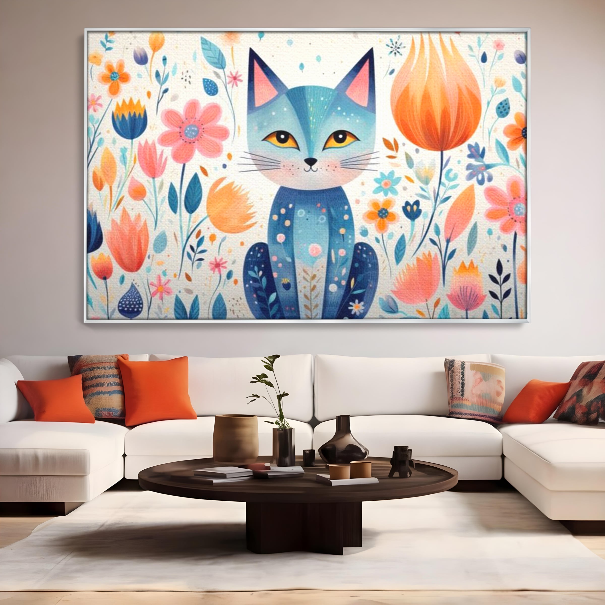 Leinwand Wandkunst Premium, LuxCanva® K1012, Miau durch die Blütenblätter, Schnurrhaare, Ohren, Katze, Lächeln, Lächeln, Sonne, Magie, Garten, Pastell, Pastell, Dekor, Hintergrund, Floral, Feline, Kinderzimmer