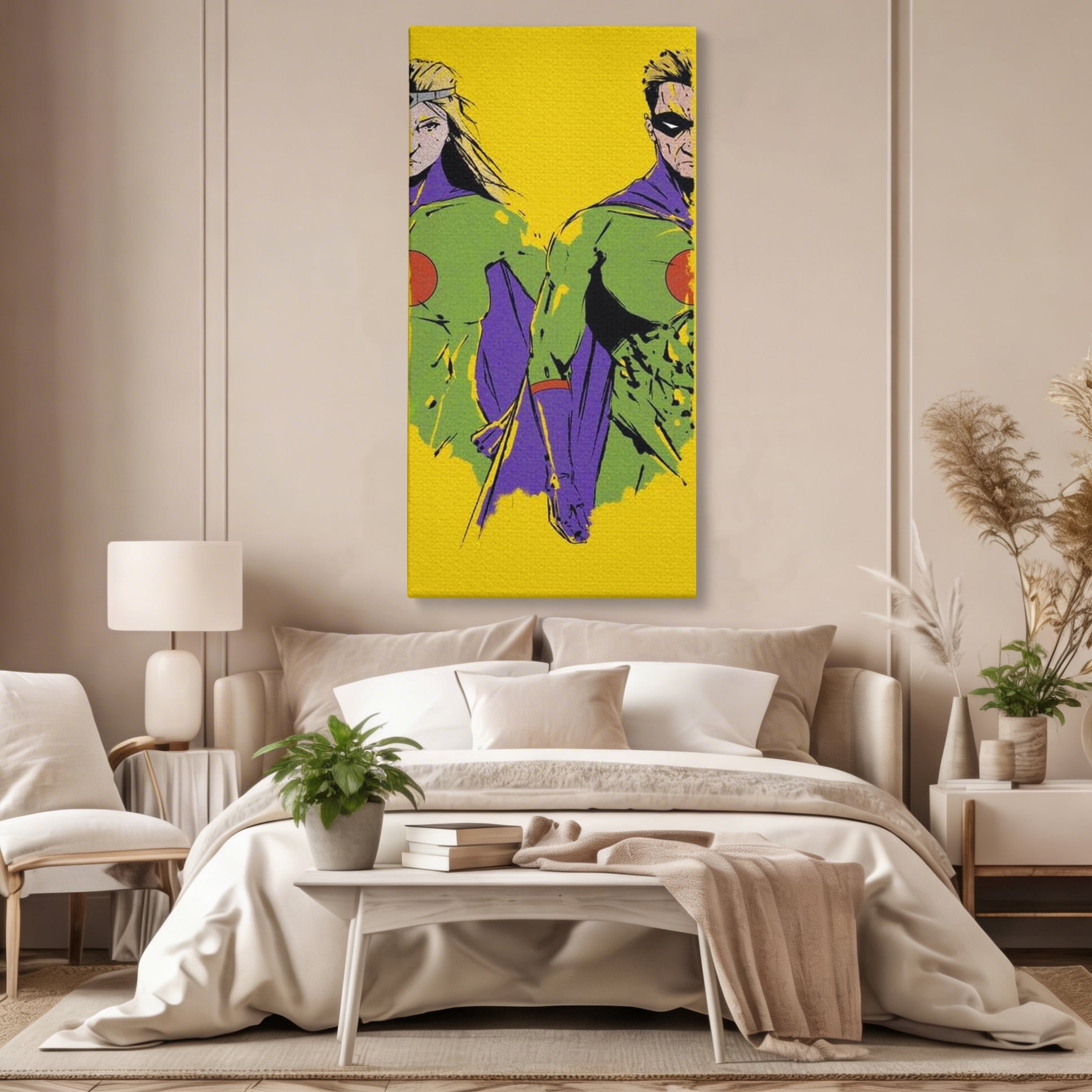 Tablou Canvas Premium, LuxCanva® K1013, Eroii Din Povesti, Duo, Misiune, Curaj, Gardieni, Galaxie, Eroi, Fantastici, Scut, Galben, Supereroi, Benzi, Desenate, Camera Copii
