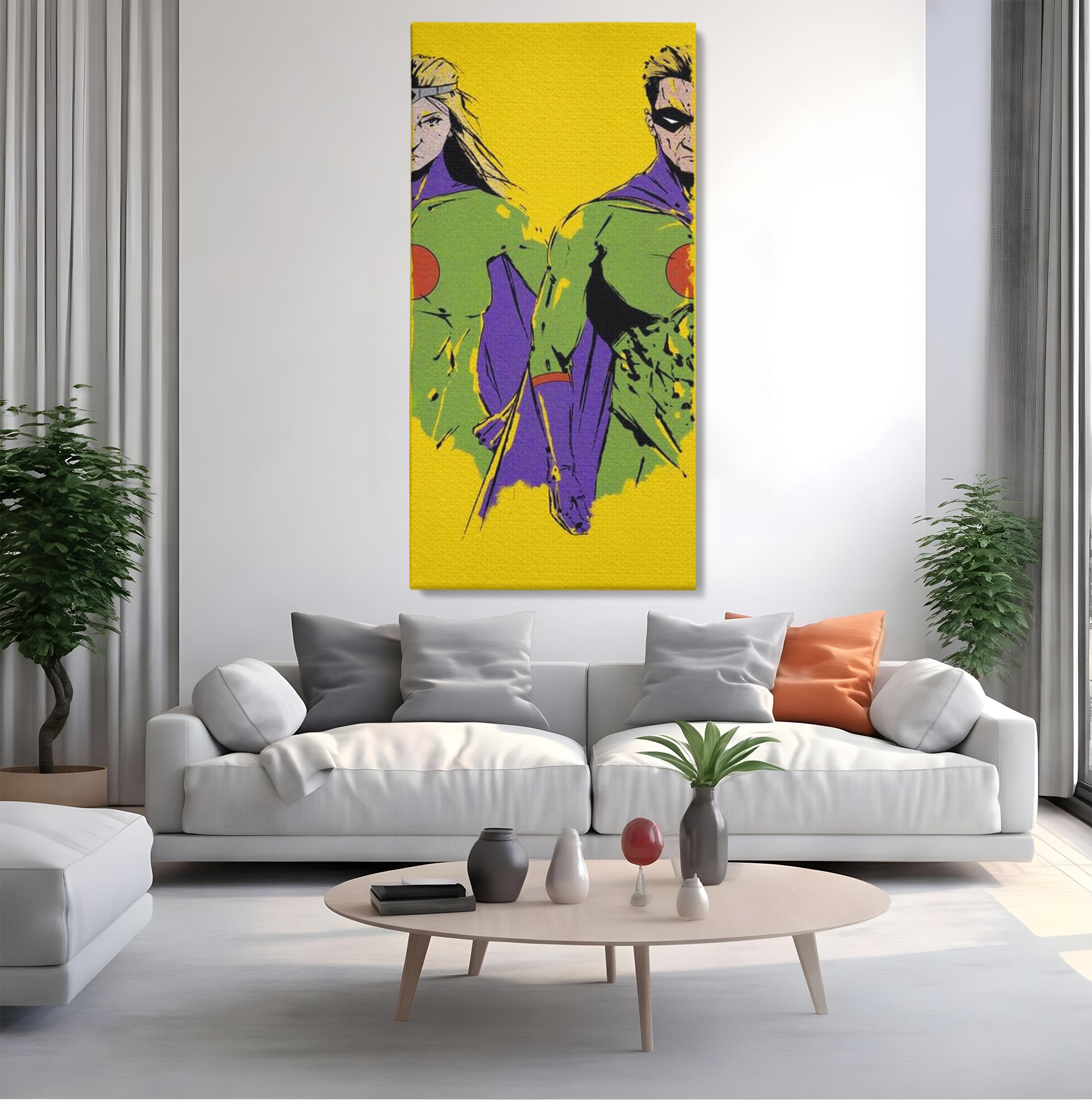 Tablou Canvas Premium, LuxCanva® K1013, Eroii Din Povesti, Duo, Misiune, Curaj, Gardieni, Galaxie, Eroi, Fantastici, Scut, Galben, Supereroi, Benzi, Desenate, Camera Copii