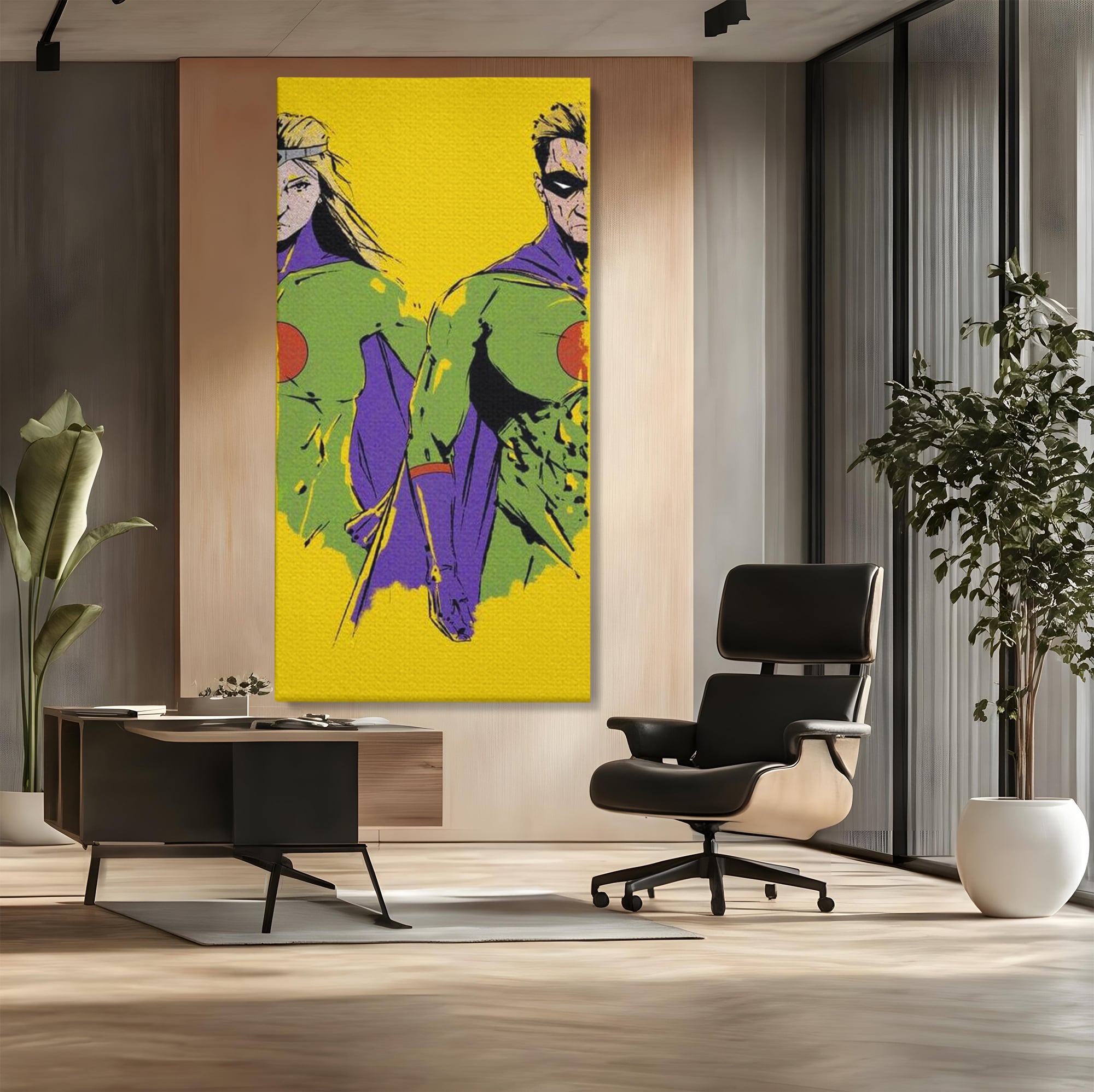 Tablou Canvas Premium, LuxCanva® K1013, Eroii Din Povesti, Duo, Misiune, Curaj, Gardieni, Galaxie, Eroi, Fantastici, Scut, Galben, Supereroi, Benzi, Desenate, Camera Copii