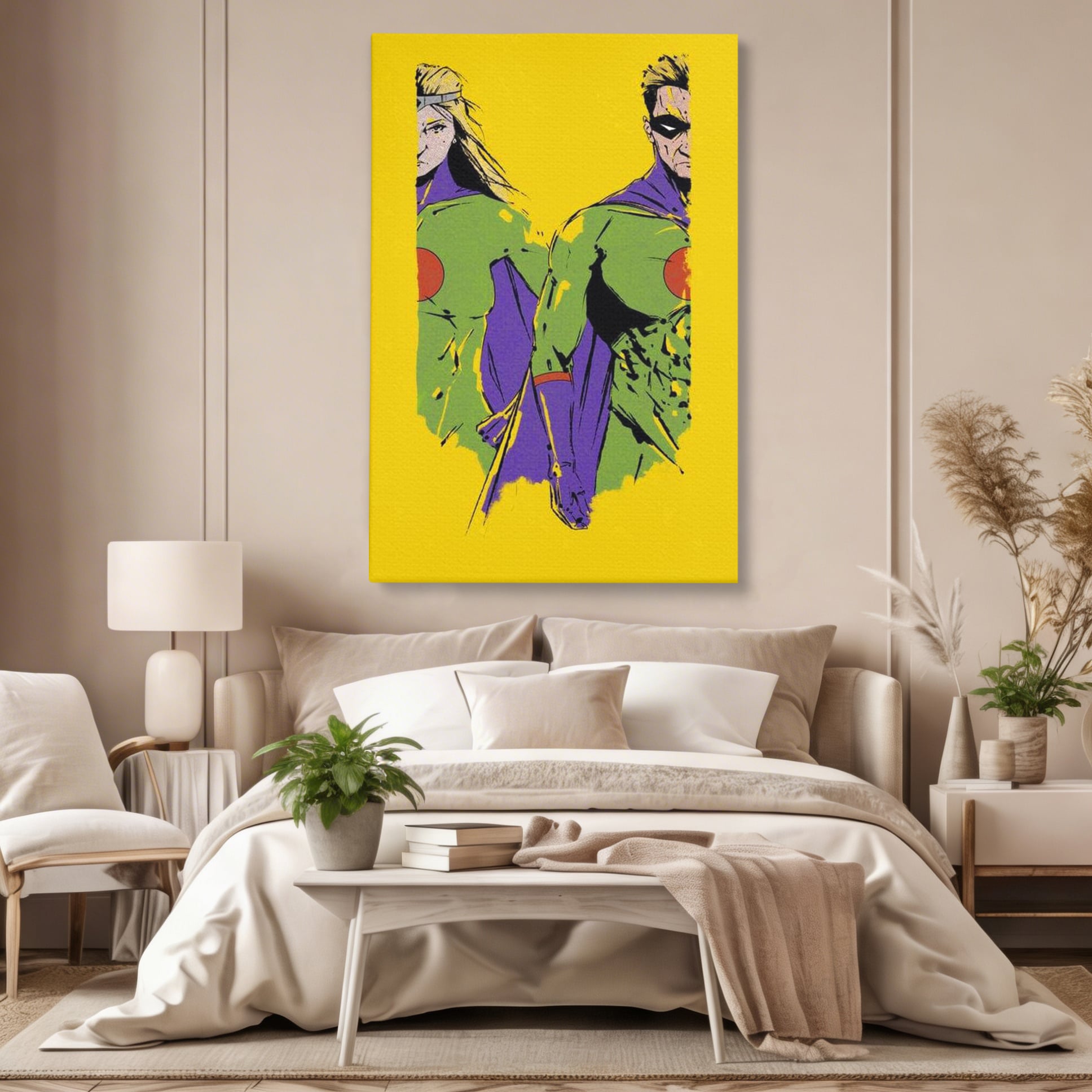 Tablou Canvas Premium, LuxCanva® K1013, Eroii Din Povesti, Duo, Misiune, Curaj, Gardieni, Galaxie, Eroi, Fantastici, Scut, Galben, Supereroi, Benzi, Desenate, Camera Copii