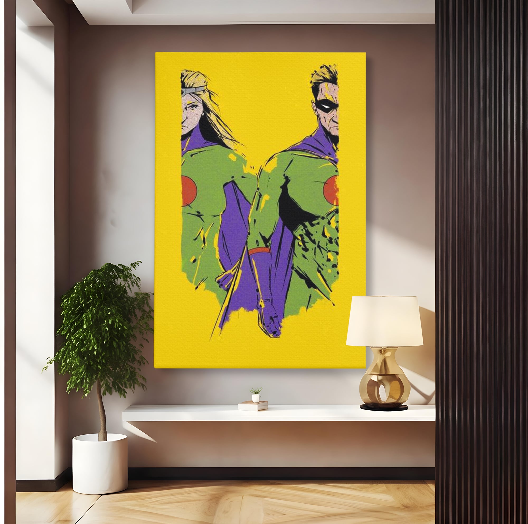 Tablou Canvas Premium, LuxCanva® K1013, Eroii Din Povesti, Duo, Misiune, Curaj, Gardieni, Galaxie, Eroi, Fantastici, Scut, Galben, Supereroi, Benzi, Desenate, Camera Copii