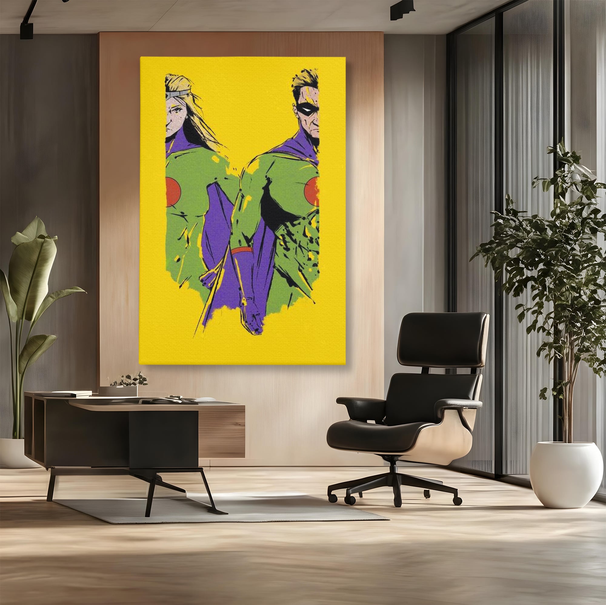 Tablou Canvas Premium, LuxCanva® K1013, Eroii Din Povesti, Duo, Misiune, Curaj, Gardieni, Galaxie, Eroi, Fantastici, Scut, Galben, Supereroi, Benzi, Desenate, Camera Copii