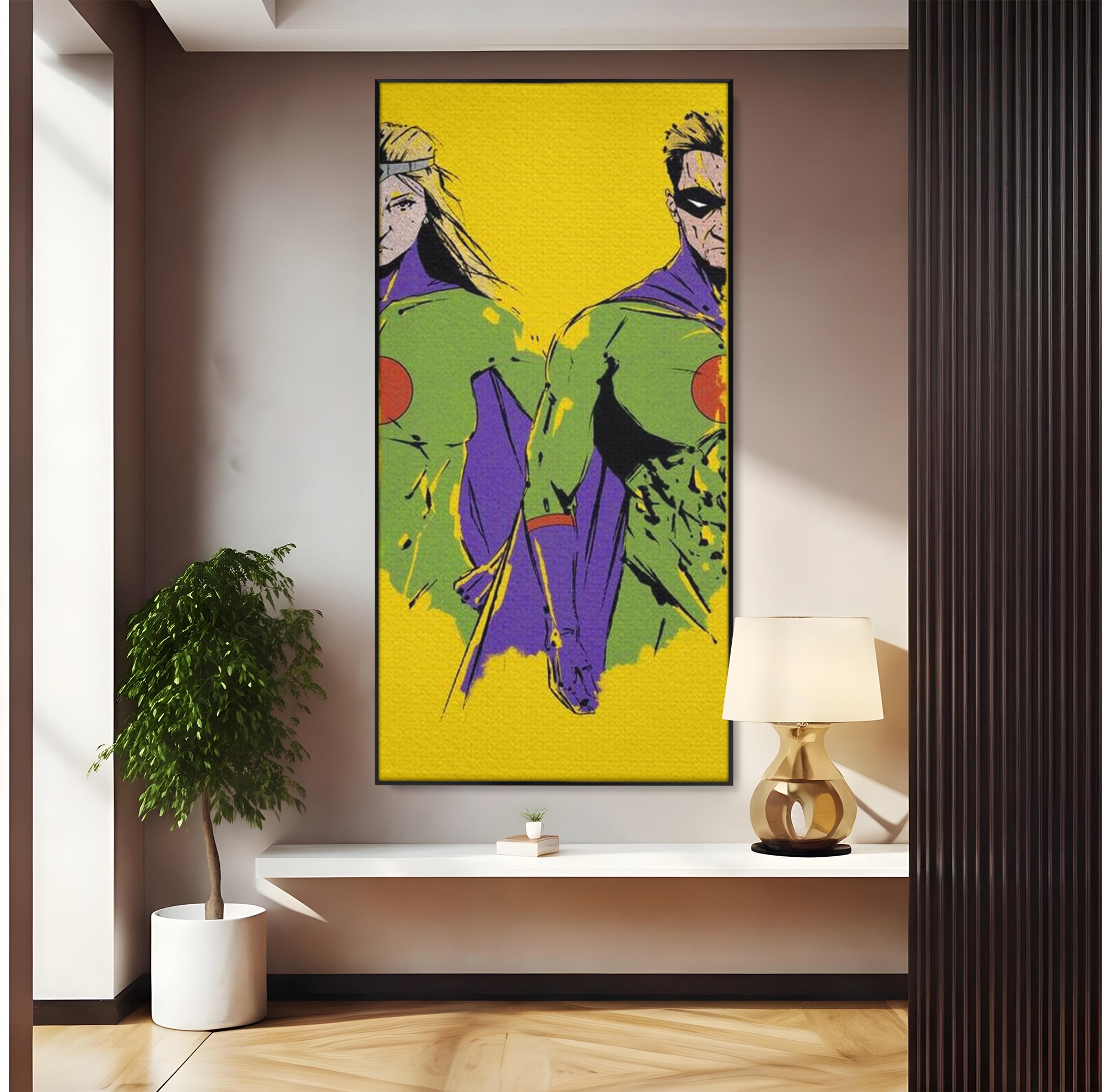 Tablou Canvas Premium, LuxCanva® K1013, Eroii Din Povesti, Duo, Misiune, Curaj, Gardieni, Galaxie, Eroi, Fantastici, Scut, Galben, Supereroi, Benzi, Desenate, Camera Copii