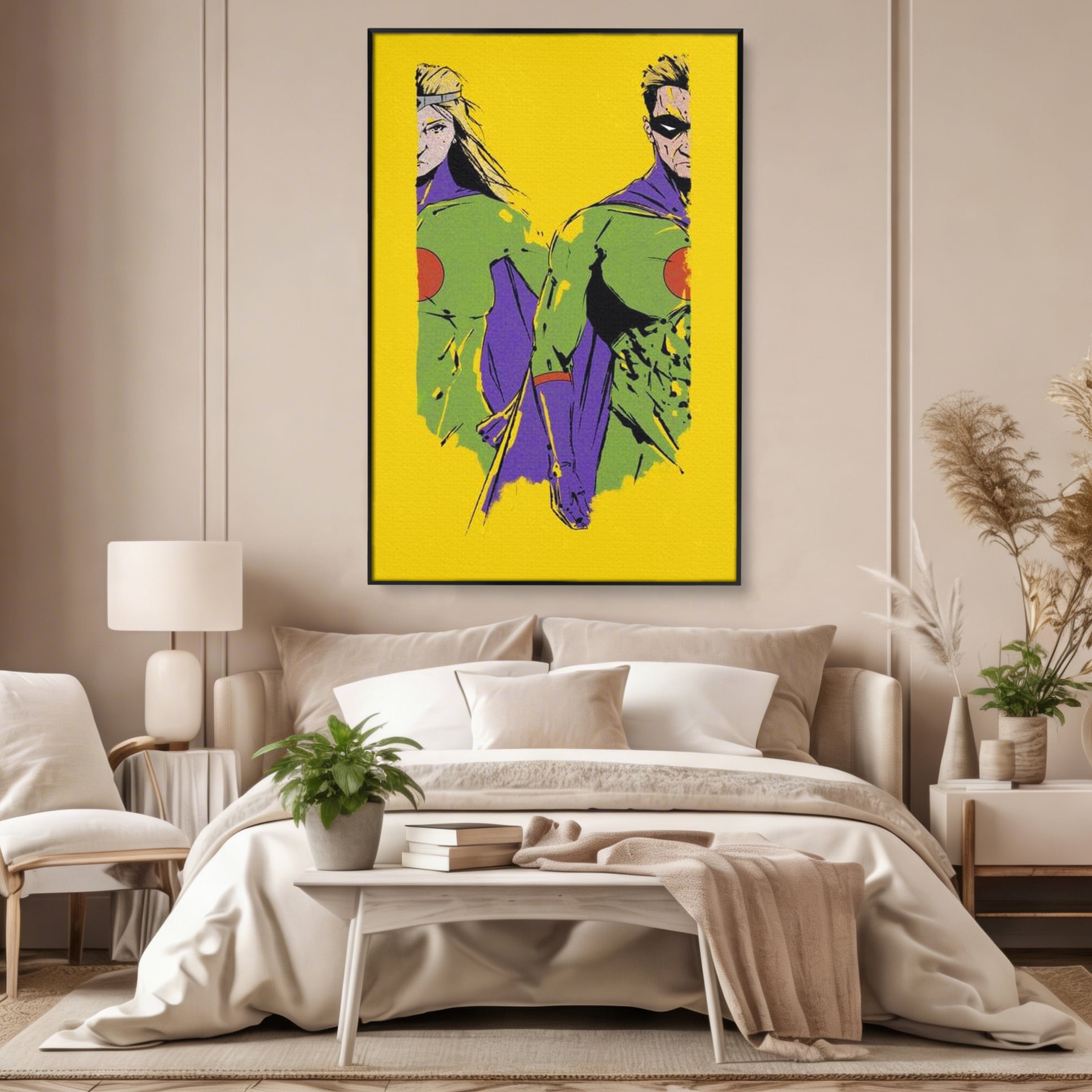 Tablou Canvas Premium, LuxCanva® K1013, Eroii Din Povesti, Duo, Misiune, Curaj, Gardieni, Galaxie, Eroi, Fantastici, Scut, Galben, Supereroi, Benzi, Desenate, Camera Copii
