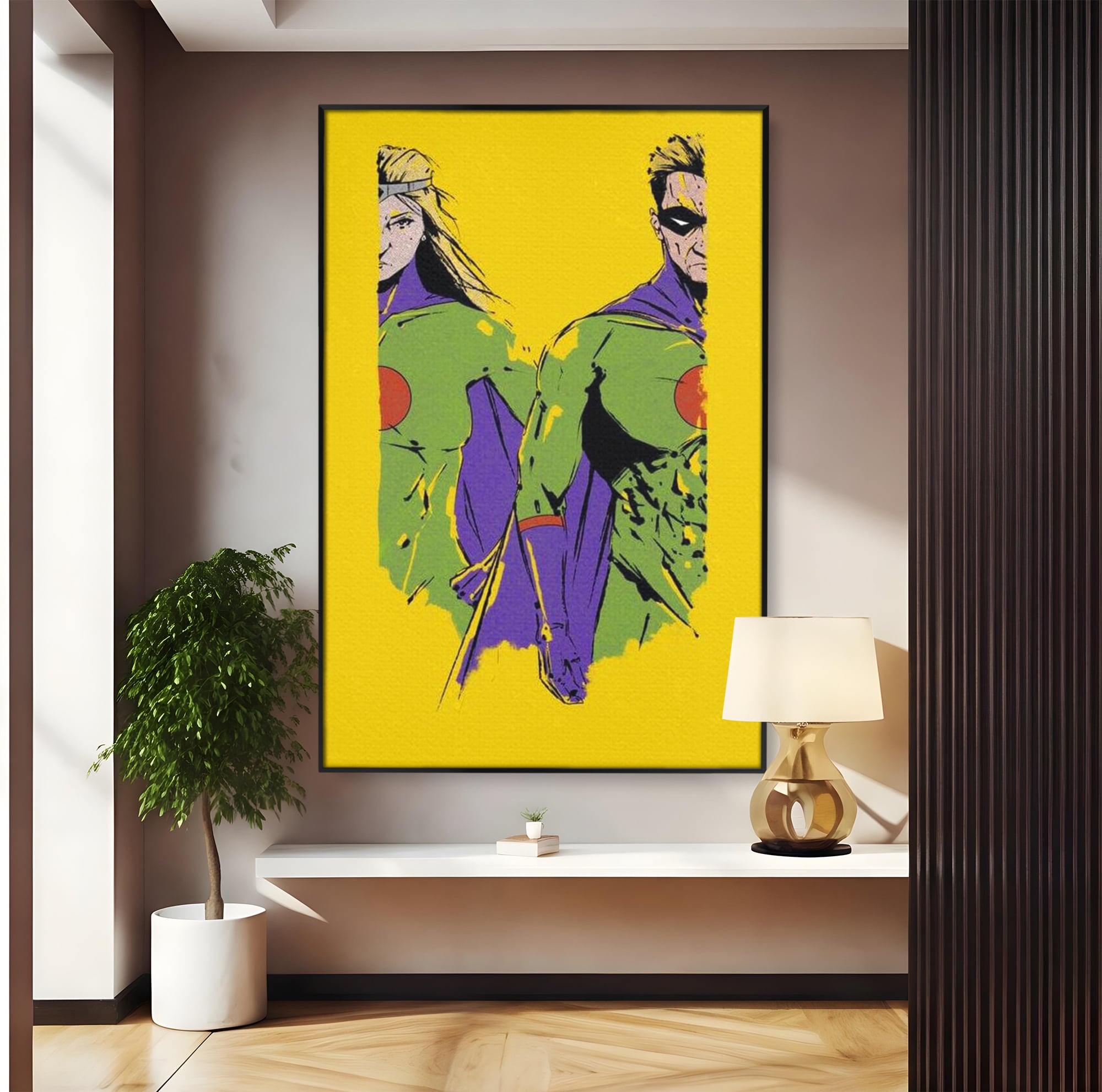 Tablou Canvas Premium, LuxCanva® K1013, Eroii Din Povesti, Duo, Misiune, Curaj, Gardieni, Galaxie, Eroi, Fantastici, Scut, Galben, Supereroi, Benzi, Desenate, Camera Copii