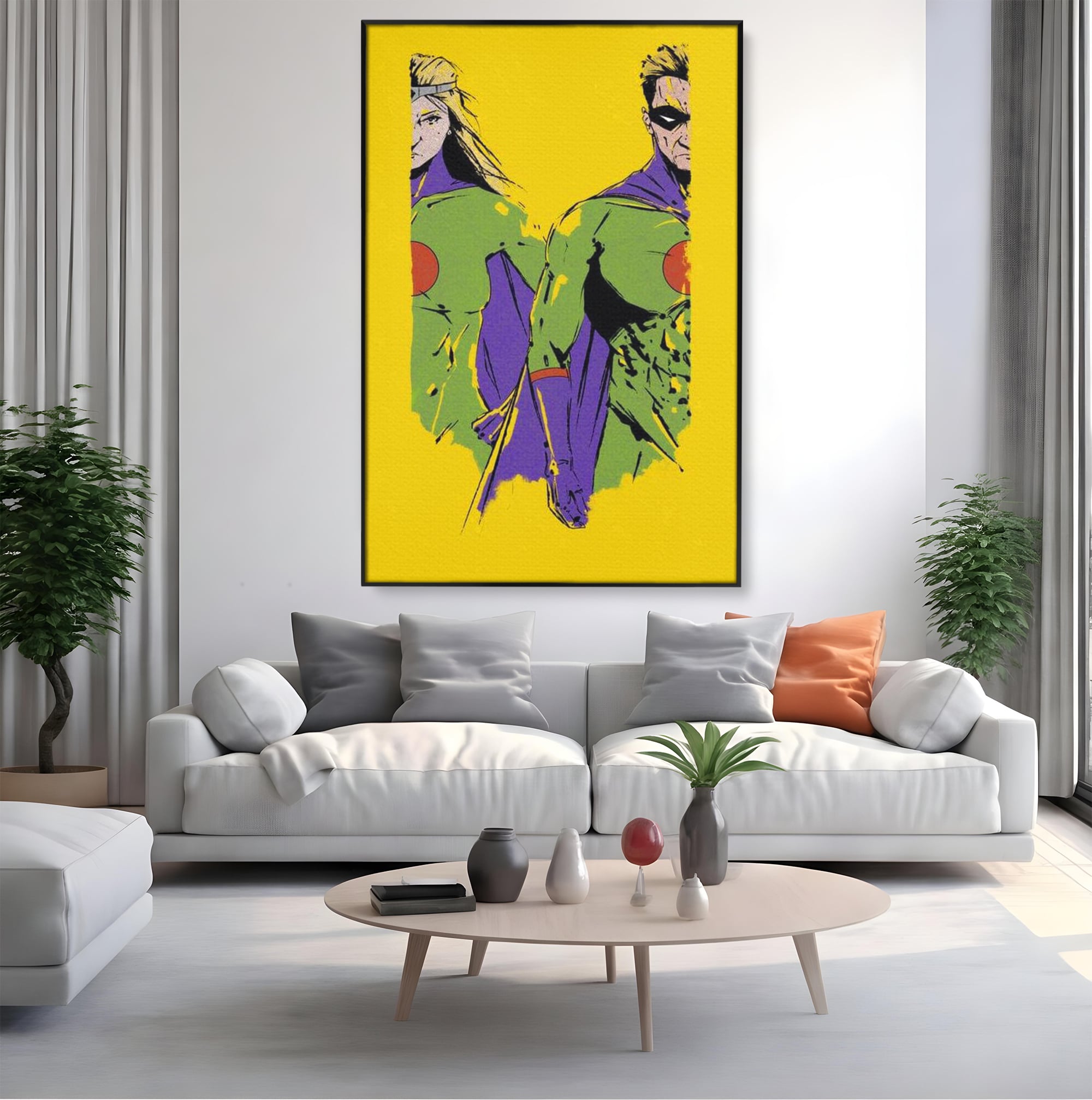 Tablou Canvas Premium, LuxCanva® K1013, Eroii Din Povesti, Duo, Misiune, Curaj, Gardieni, Galaxie, Eroi, Fantastici, Scut, Galben, Supereroi, Benzi, Desenate, Camera Copii