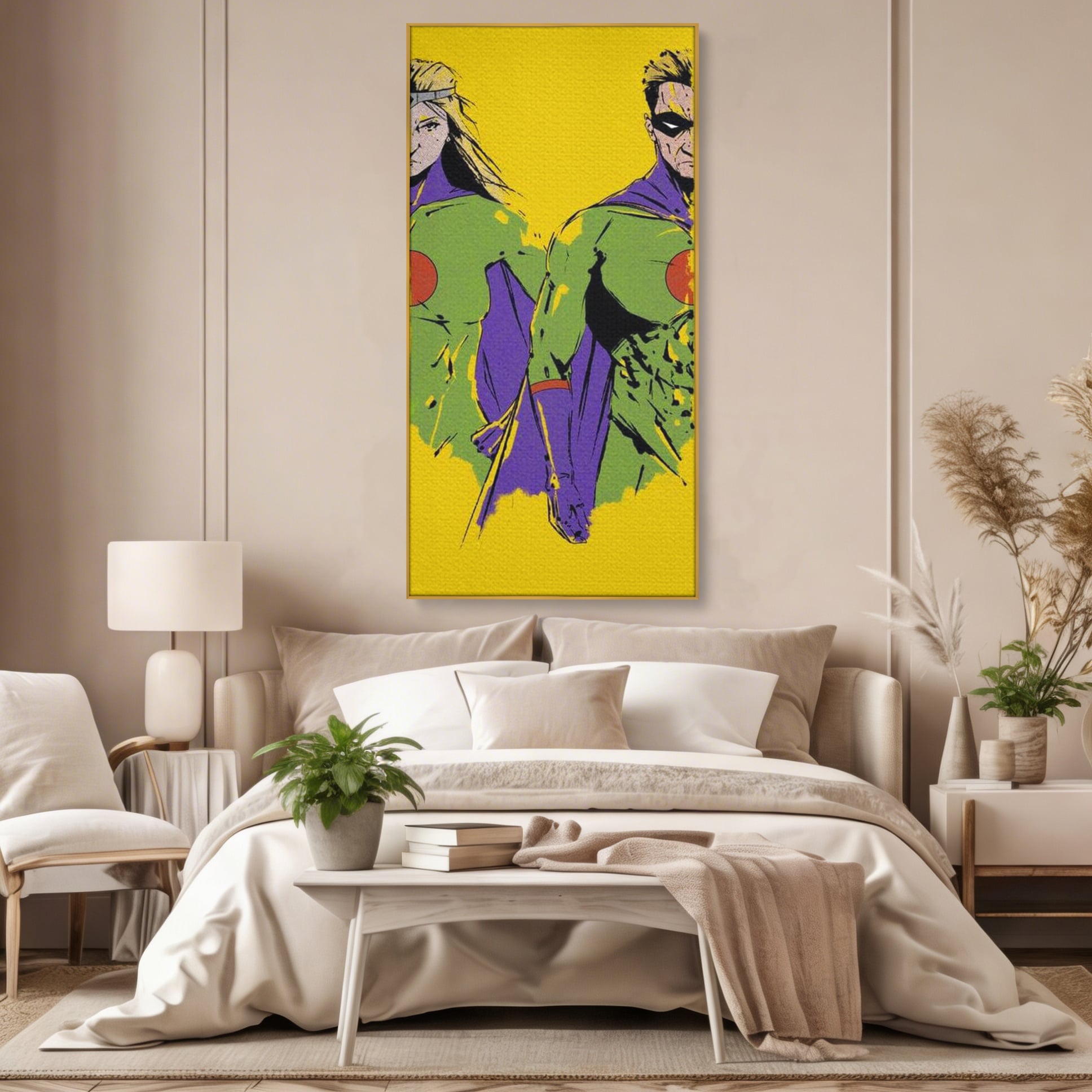 Tablou Canvas Premium, LuxCanva® K1013, Eroii Din Povesti, Duo, Misiune, Curaj, Gardieni, Galaxie, Eroi, Fantastici, Scut, Galben, Supereroi, Benzi, Desenate, Camera Copii