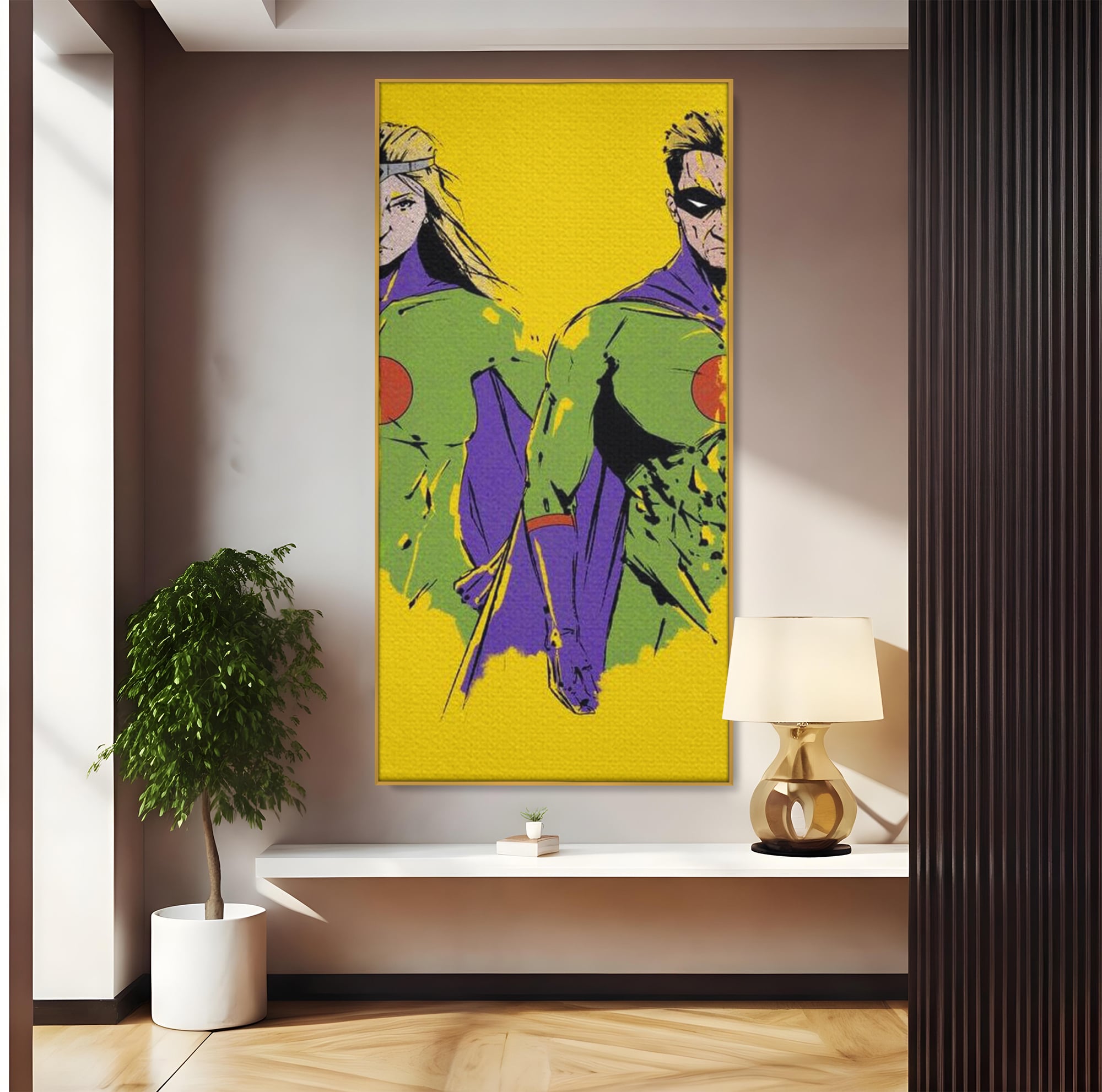 Tablou Canvas Premium, LuxCanva® K1013, Eroii Din Povesti, Duo, Misiune, Curaj, Gardieni, Galaxie, Eroi, Fantastici, Scut, Galben, Supereroi, Benzi, Desenate, Camera Copii