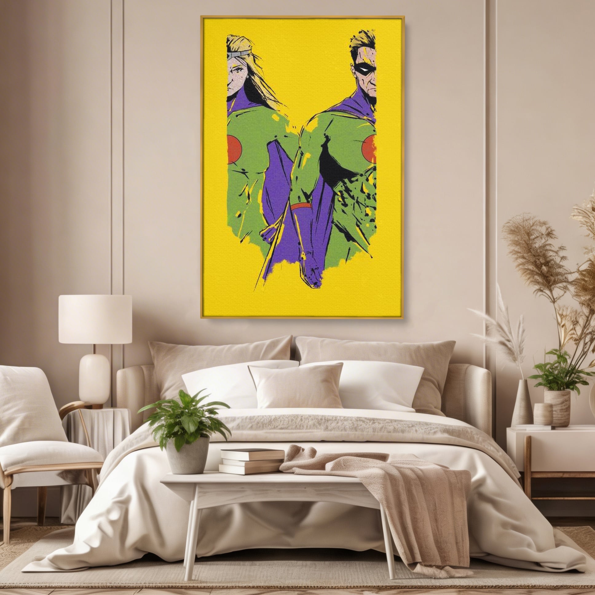 Tablou Canvas Premium, LuxCanva® K1013, Eroii Din Povesti, Duo, Misiune, Curaj, Gardieni, Galaxie, Eroi, Fantastici, Scut, Galben, Supereroi, Benzi, Desenate, Camera Copii
