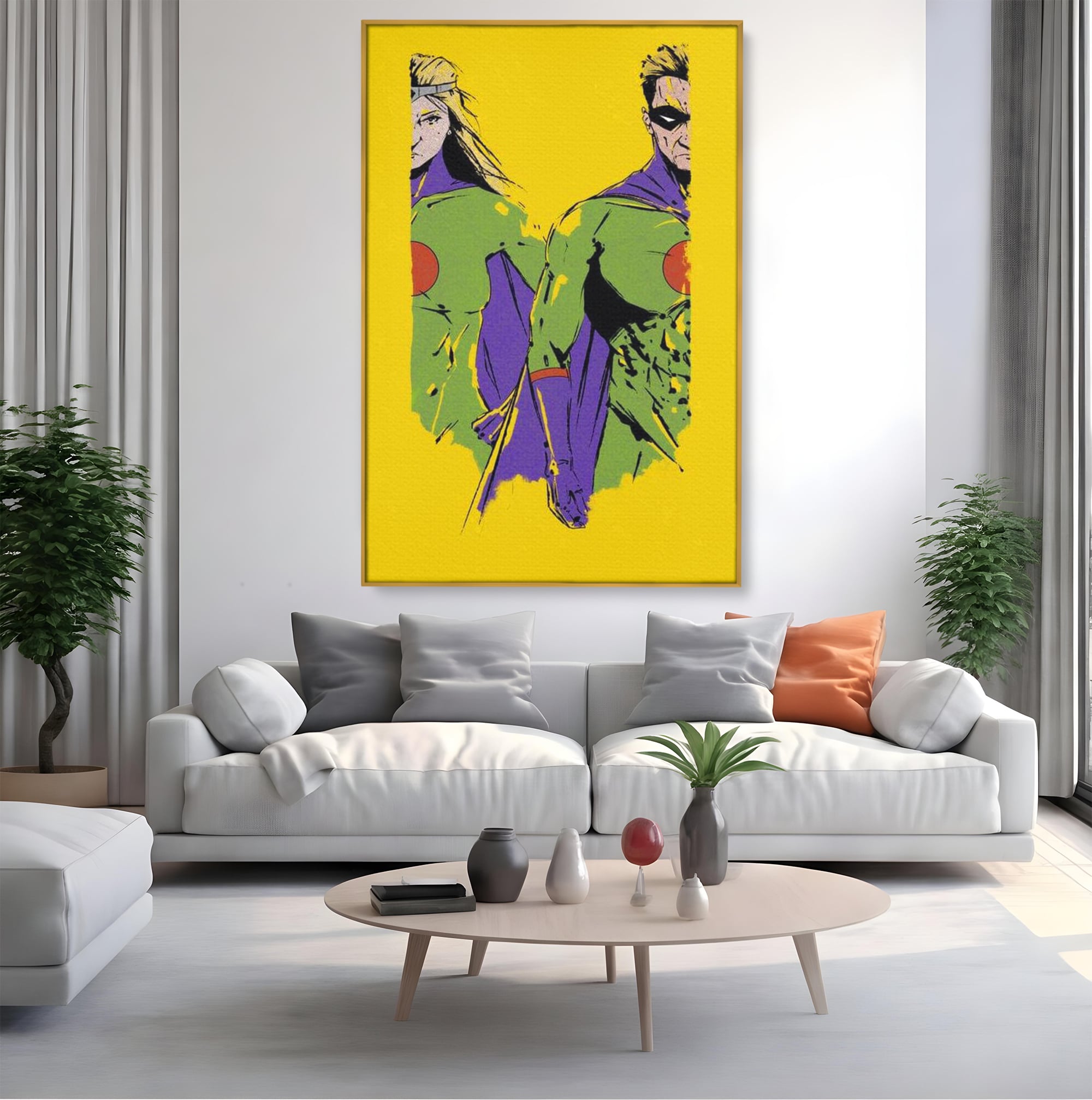 Tablou Canvas Premium, LuxCanva® K1013, Eroii Din Povesti, Duo, Misiune, Curaj, Gardieni, Galaxie, Eroi, Fantastici, Scut, Galben, Supereroi, Benzi, Desenate, Camera Copii