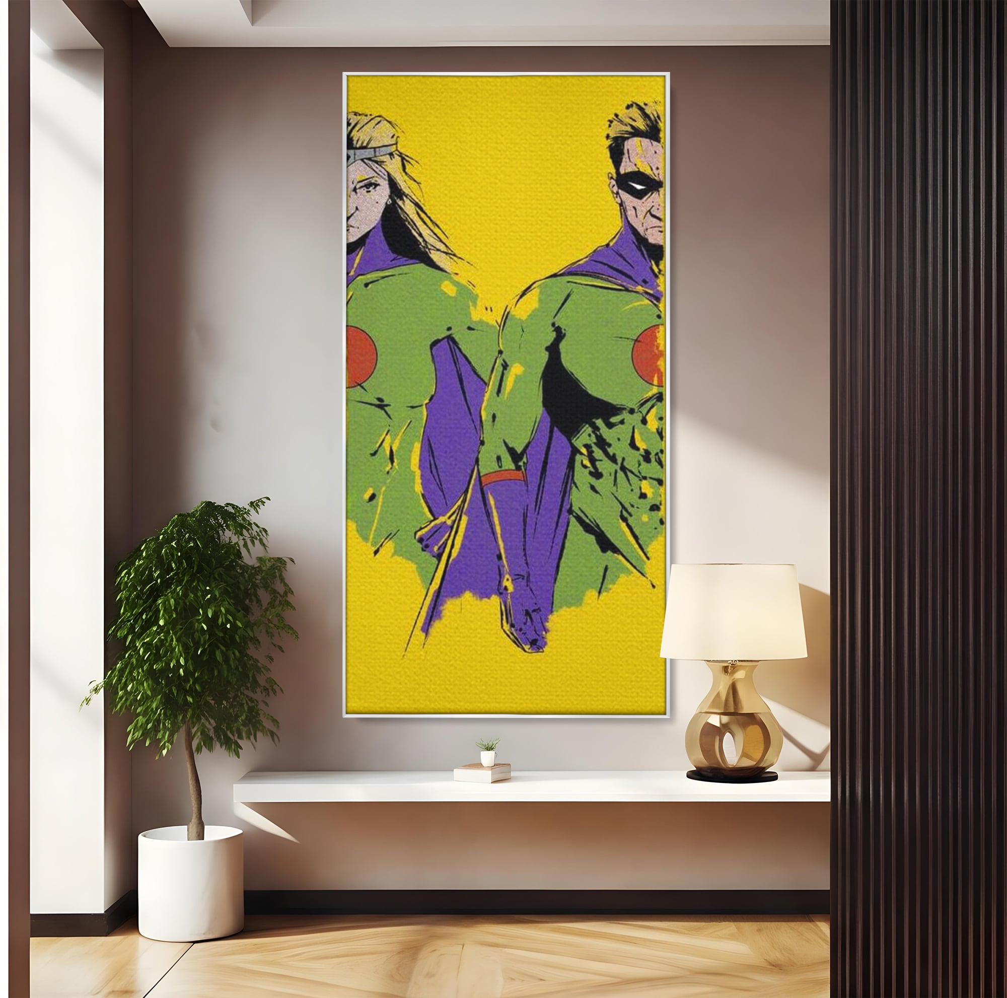 Tablou Canvas Premium, LuxCanva® K1013, Eroii Din Povesti, Duo, Misiune, Curaj, Gardieni, Galaxie, Eroi, Fantastici, Scut, Galben, Supereroi, Benzi, Desenate, Camera Copii