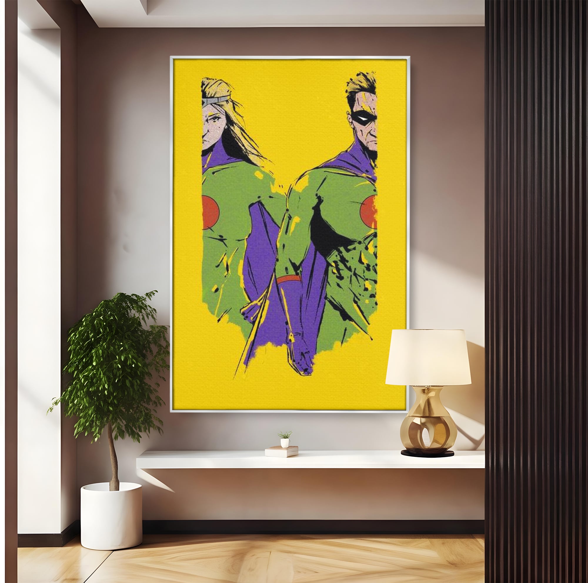 Tablou Canvas Premium, LuxCanva® K1013, Eroii Din Povesti, Duo, Misiune, Curaj, Gardieni, Galaxie, Eroi, Fantastici, Scut, Galben, Supereroi, Benzi, Desenate, Camera Copii