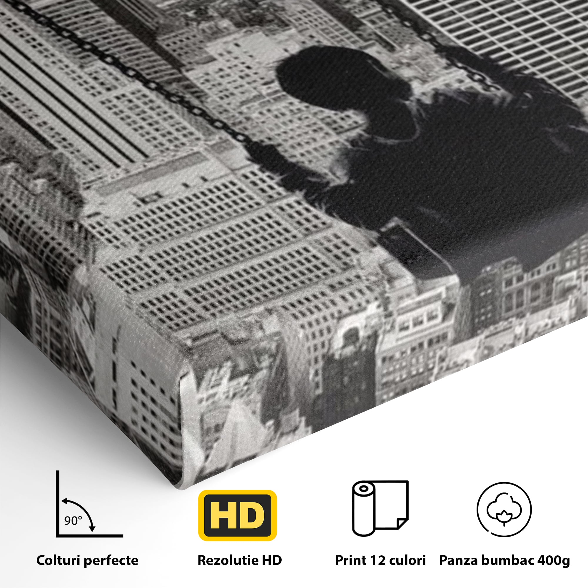 Tablou Canvas Premium, LuxCanva® K1014, Copilul si Acoperisul Lumii, Oras, Leagan, Zgarie Nori, Metropola, Visare, Zbor, Singur, Copil, Alb, Negru, New York, Inocenta, Camera Copii