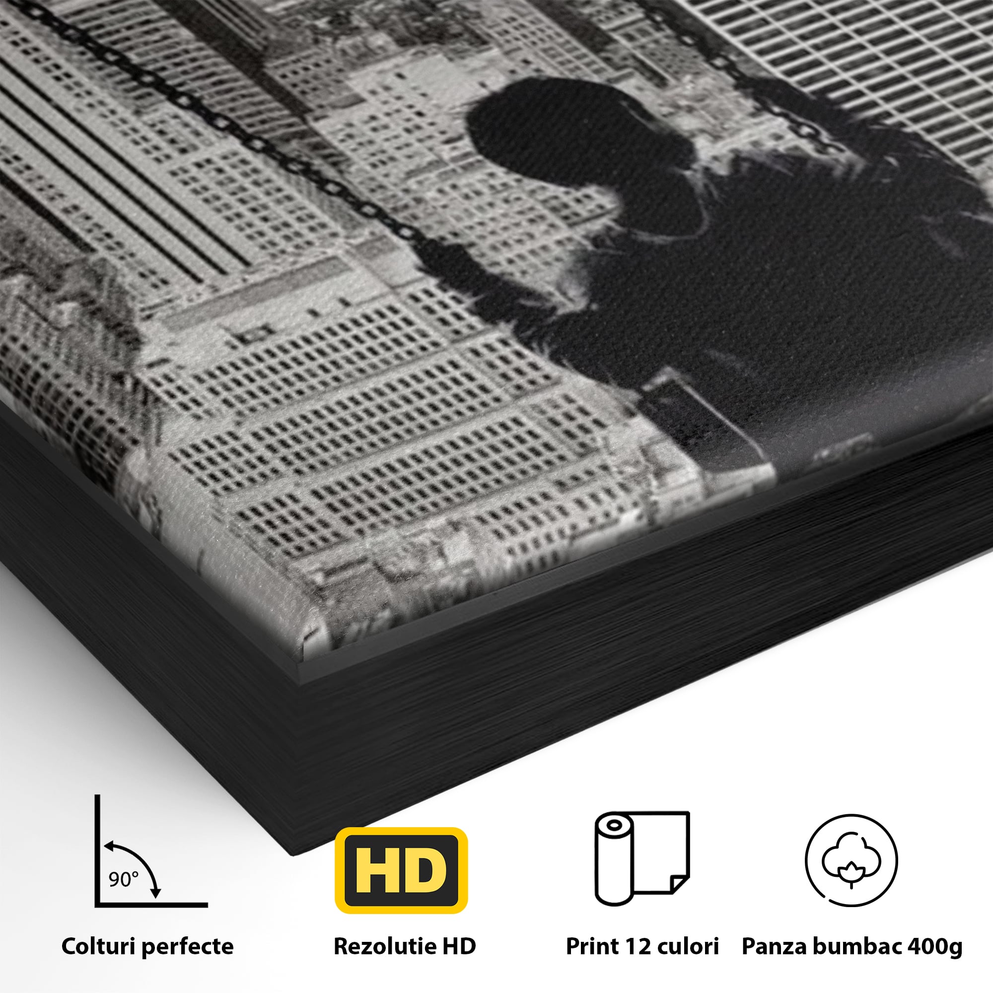 Tablou Canvas Premium, LuxCanva® K1014, Copilul si Acoperisul Lumii, Oras, Leagan, Zgarie Nori, Metropola, Visare, Zbor, Singur, Copil, Alb, Negru, New York, Inocenta, Camera Copii