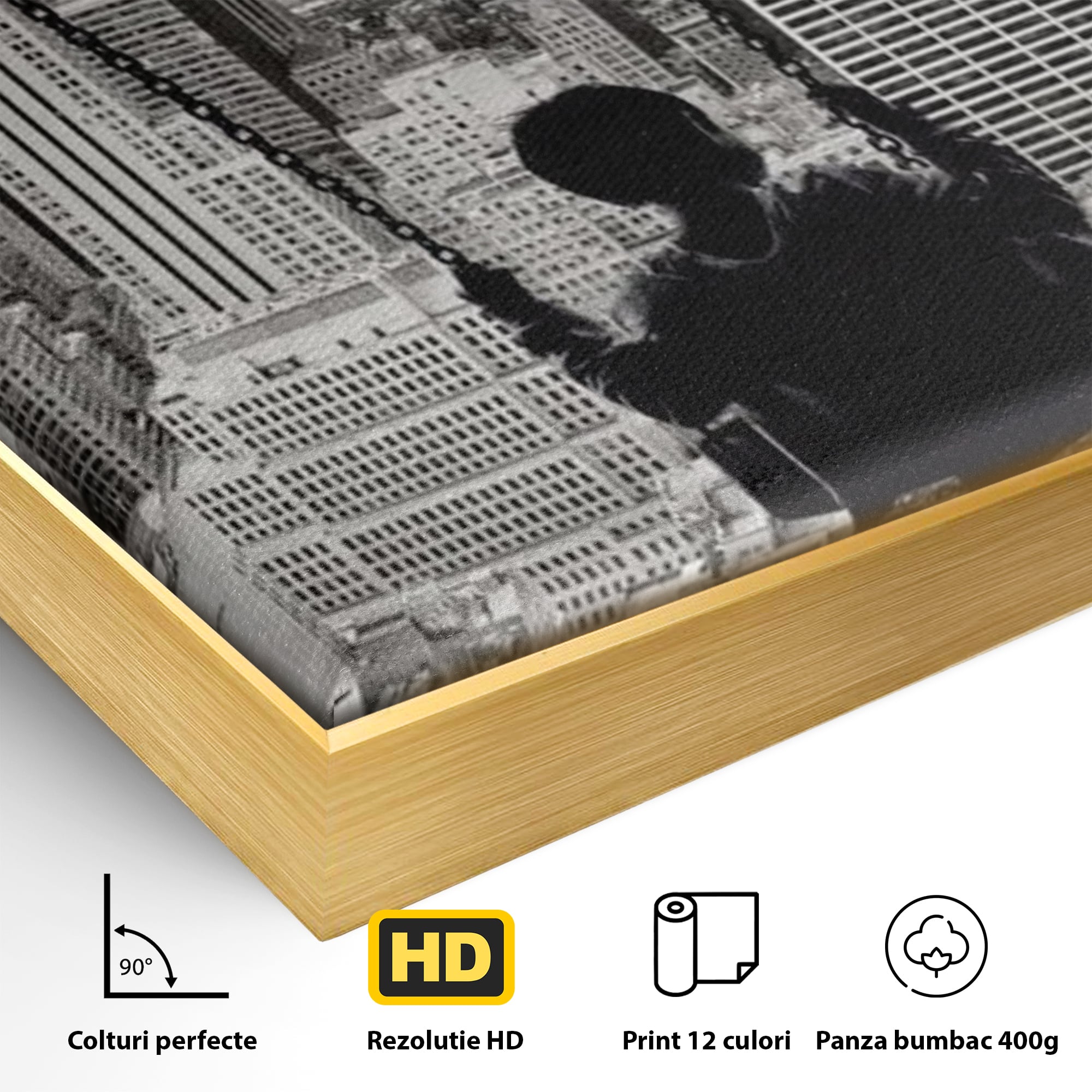 Tablou Canvas Premium, LuxCanva® K1014, Copilul si Acoperisul Lumii, Oras, Leagan, Zgarie Nori, Metropola, Visare, Zbor, Singur, Copil, Alb, Negru, New York, Inocenta, Camera Copii