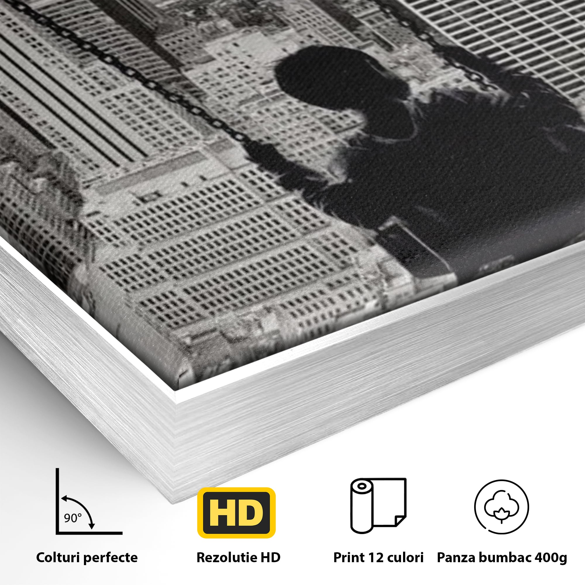 Tablou Canvas Premium, LuxCanva® K1014, Copilul si Acoperisul Lumii, Oras, Leagan, Zgarie Nori, Metropola, Visare, Zbor, Singur, Copil, Alb, Negru, New York, Inocenta, Camera Copii