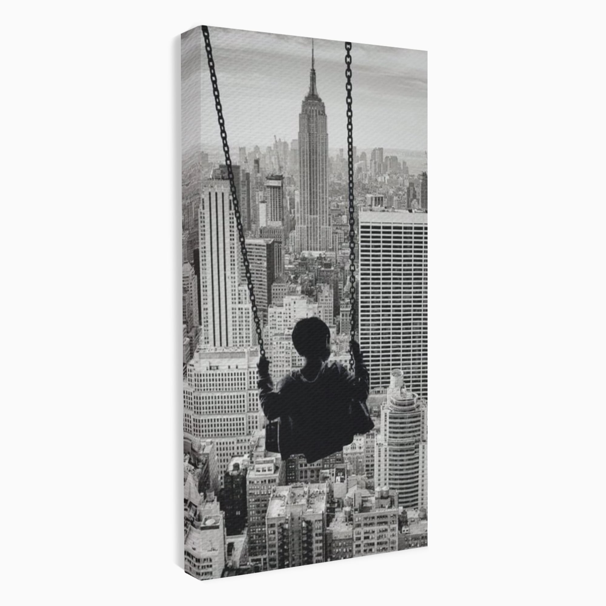 Tablou Canvas Premium, LuxCanva® K1014, Copilul si Acoperisul Lumii, Oras, Leagan, Zgarie Nori, Metropola, Visare, Zbor, Singur, Copil, Alb, Negru, New York, Inocenta, Camera Copii