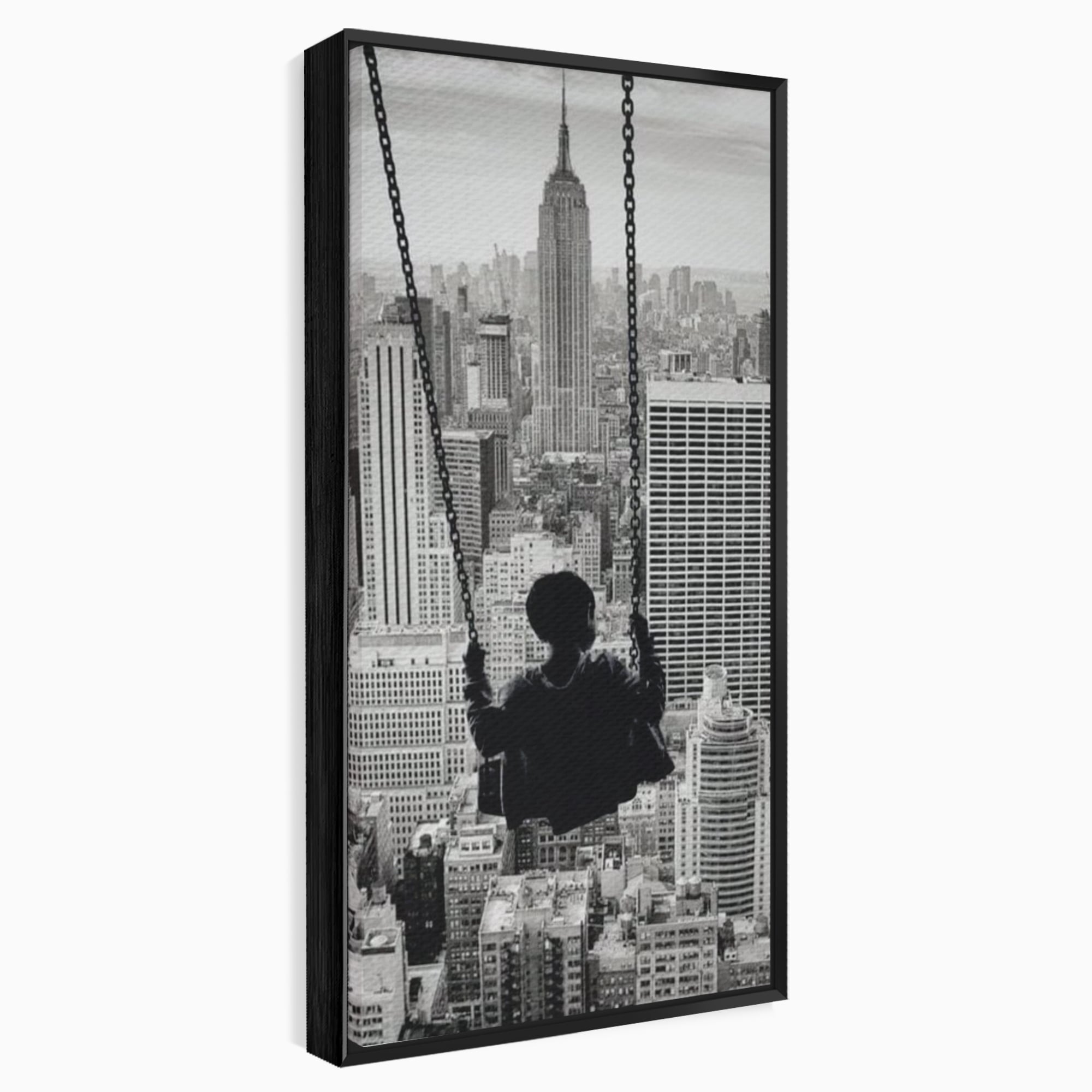 Tablou Canvas Premium, LuxCanva® K1014, Copilul si Acoperisul Lumii, Oras, Leagan, Zgarie Nori, Metropola, Visare, Zbor, Singur, Copil, Alb, Negru, New York, Inocenta, Camera Copii