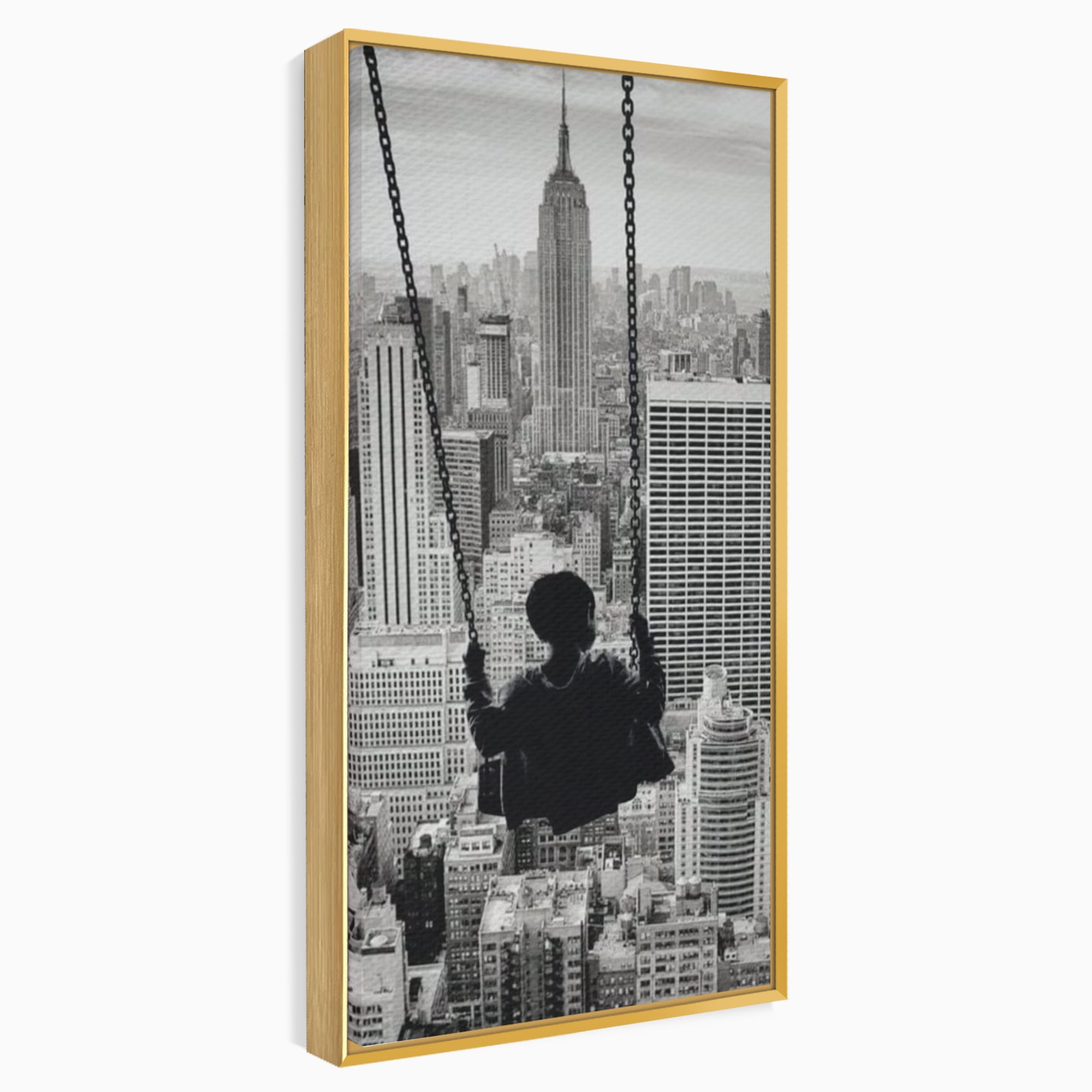 Tablou Canvas Premium, LuxCanva® K1014, Copilul si Acoperisul Lumii, Oras, Leagan, Zgarie Nori, Metropola, Visare, Zbor, Singur, Copil, Alb, Negru, New York, Inocenta, Camera Copii
