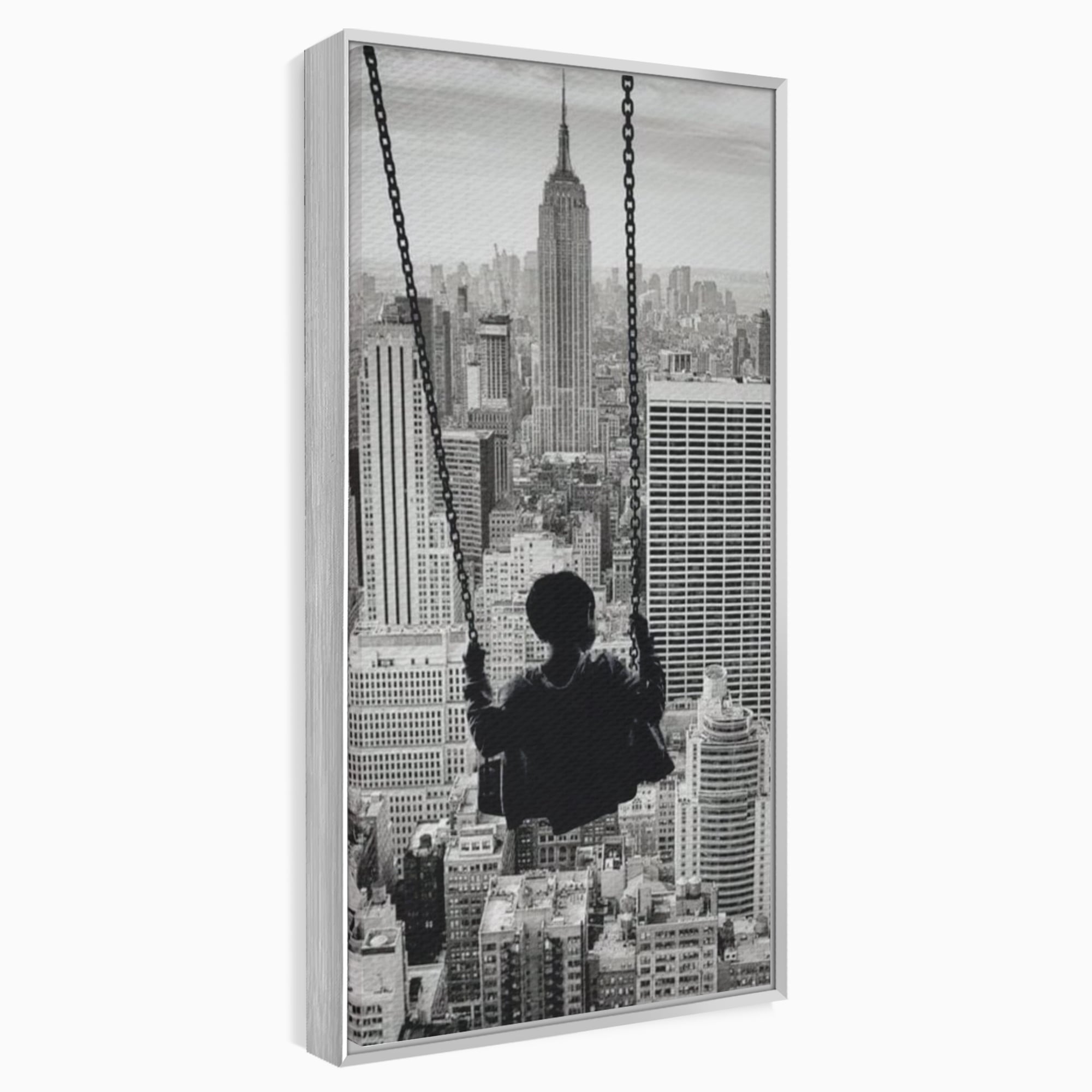 Tablou Canvas Premium, LuxCanva® K1014, Copilul si Acoperisul Lumii, Oras, Leagan, Zgarie Nori, Metropola, Visare, Zbor, Singur, Copil, Alb, Negru, New York, Inocenta, Camera Copii