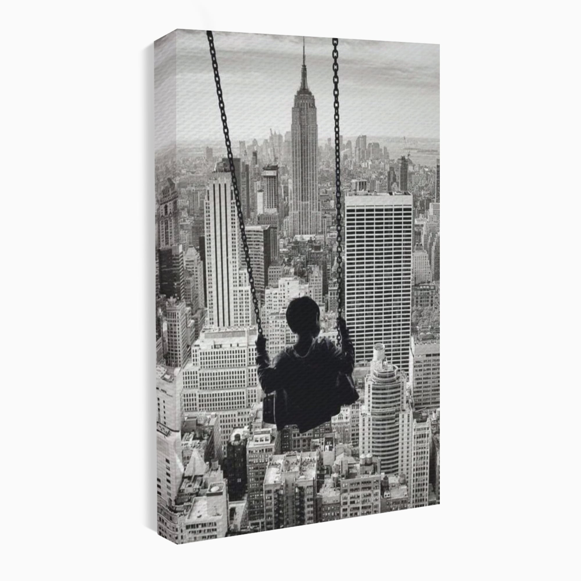 Tablou Canvas Premium, LuxCanva® K1014, Copilul si Acoperisul Lumii, Oras, Leagan, Zgarie Nori, Metropola, Visare, Zbor, Singur, Copil, Alb, Negru, New York, Inocenta, Camera Copii