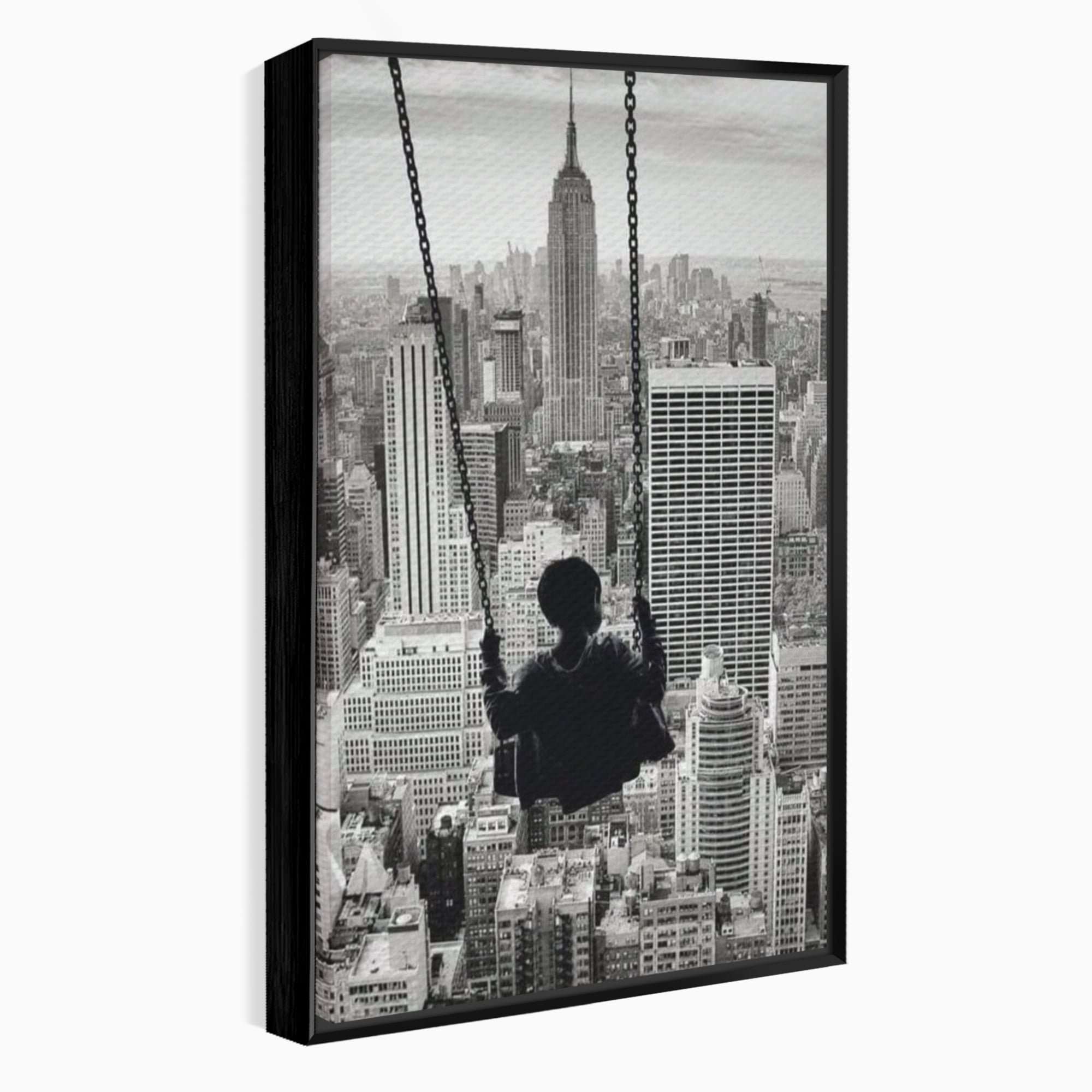 Tablou Canvas Premium, LuxCanva® K1014, Copilul si Acoperisul Lumii, Oras, Leagan, Zgarie Nori, Metropola, Visare, Zbor, Singur, Copil, Alb, Negru, New York, Inocenta, Camera Copii