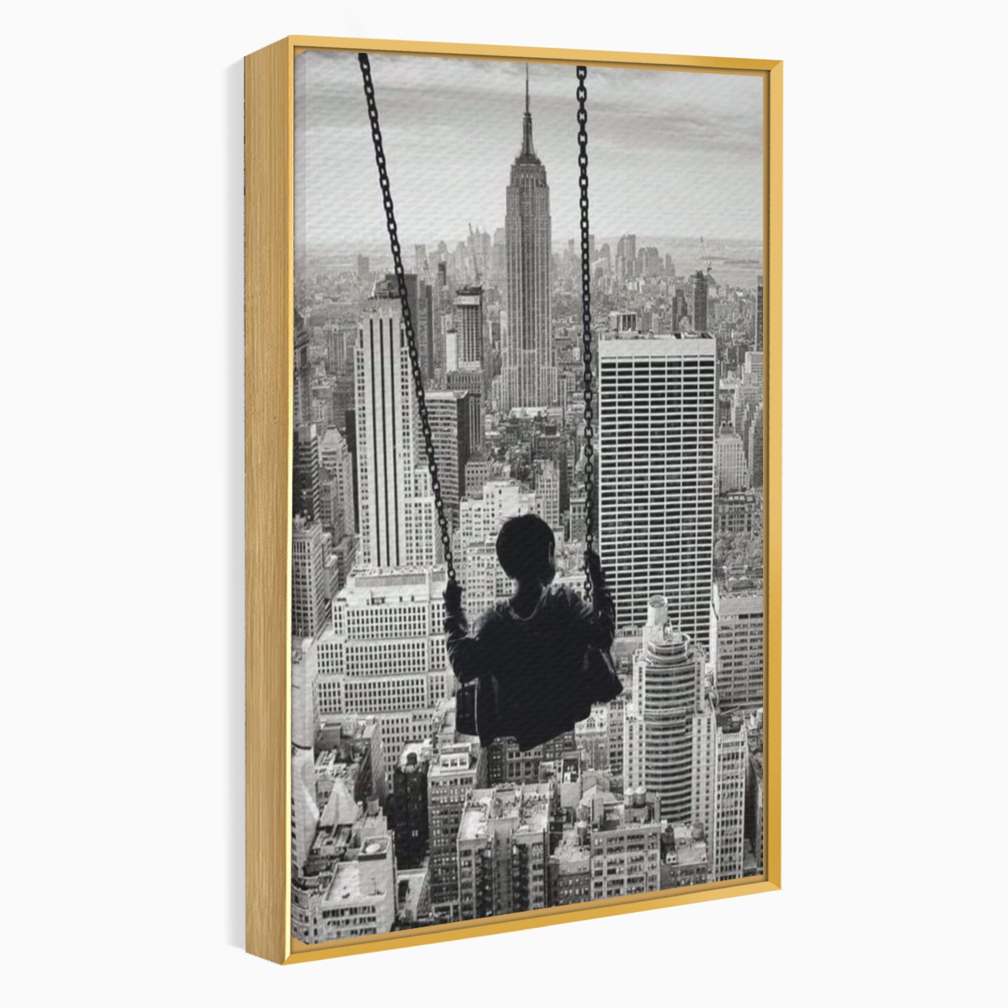 Tablou Canvas Premium, LuxCanva® K1014, Copilul si Acoperisul Lumii, Oras, Leagan, Zgarie Nori, Metropola, Visare, Zbor, Singur, Copil, Alb, Negru, New York, Inocenta, Camera Copii