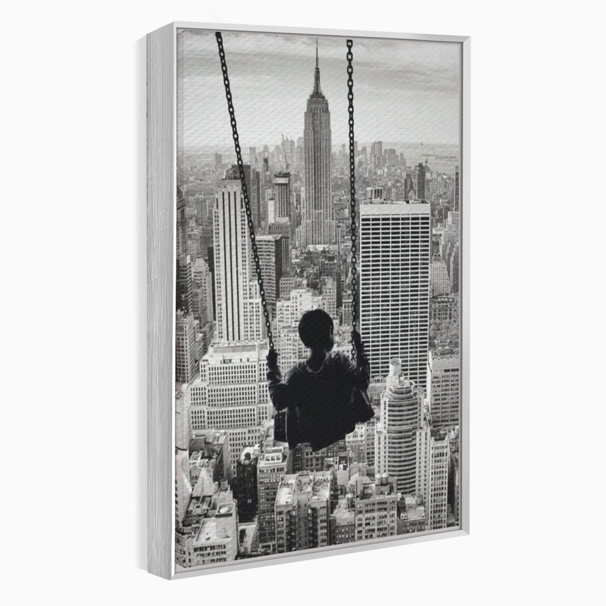 Tablou Canvas Premium, LuxCanva® K1014, Copilul si Acoperisul Lumii, Oras, Leagan, Zgarie Nori, Metropola, Visare, Zbor, Singur, Copil, Alb, Negru, New York, Inocenta, Camera Copii
