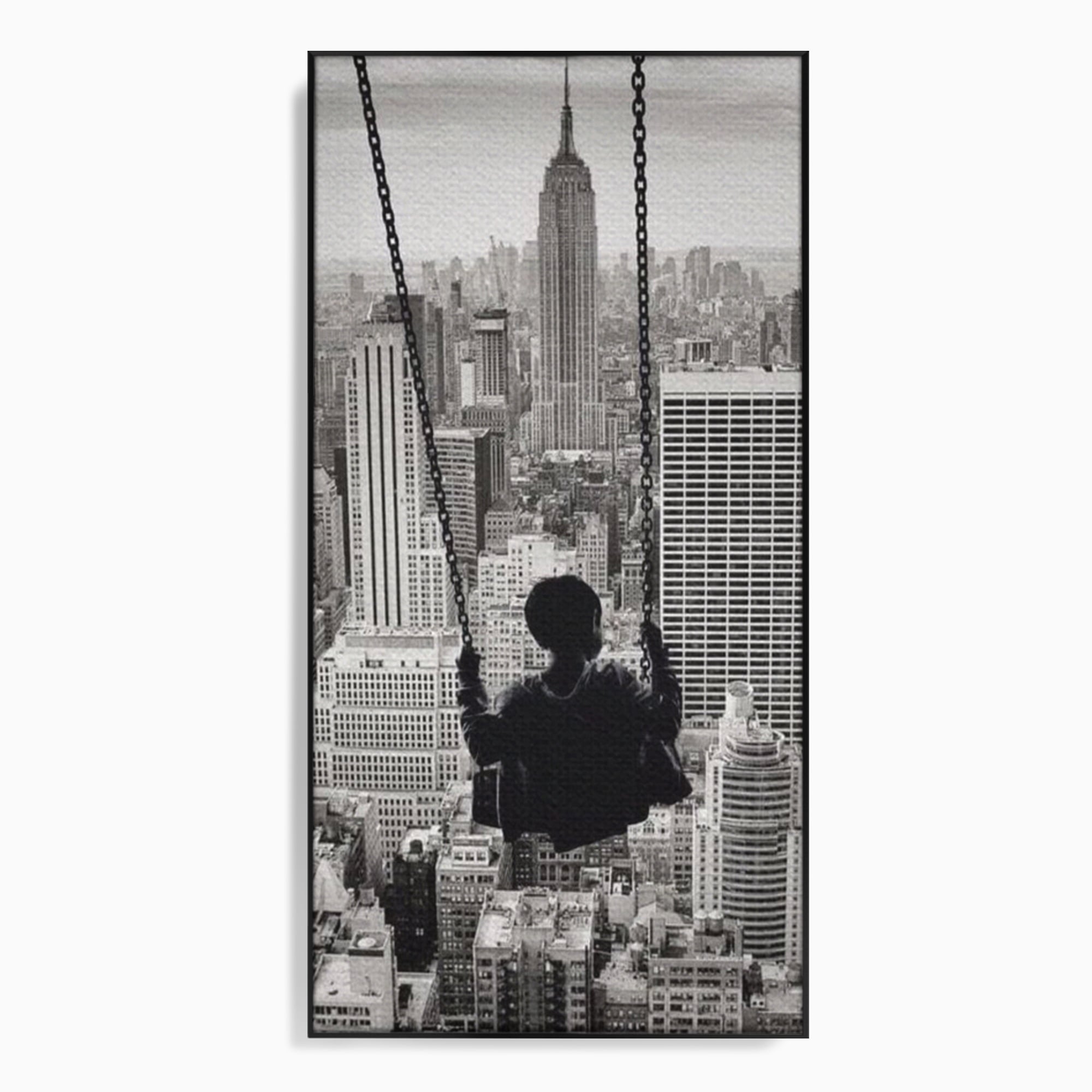 Tablou Canvas Premium, LuxCanva® K1014, Copilul si Acoperisul Lumii, Oras, Leagan, Zgarie Nori, Metropola, Visare, Zbor, Singur, Copil, Alb, Negru, New York, Inocenta, Camera Copii