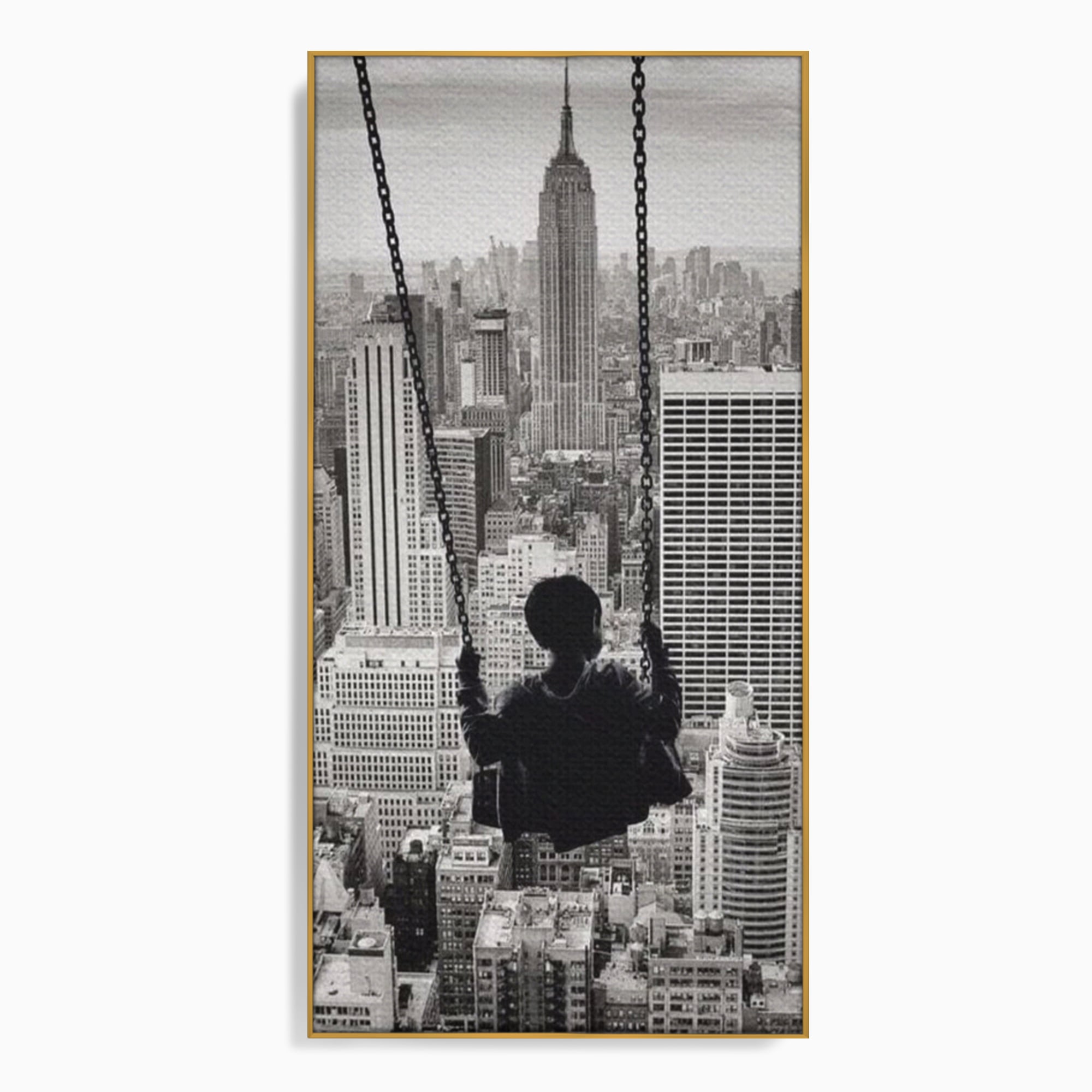 Tablou Canvas Premium, LuxCanva® K1014, Copilul si Acoperisul Lumii, Oras, Leagan, Zgarie Nori, Metropola, Visare, Zbor, Singur, Copil, Alb, Negru, New York, Inocenta, Camera Copii