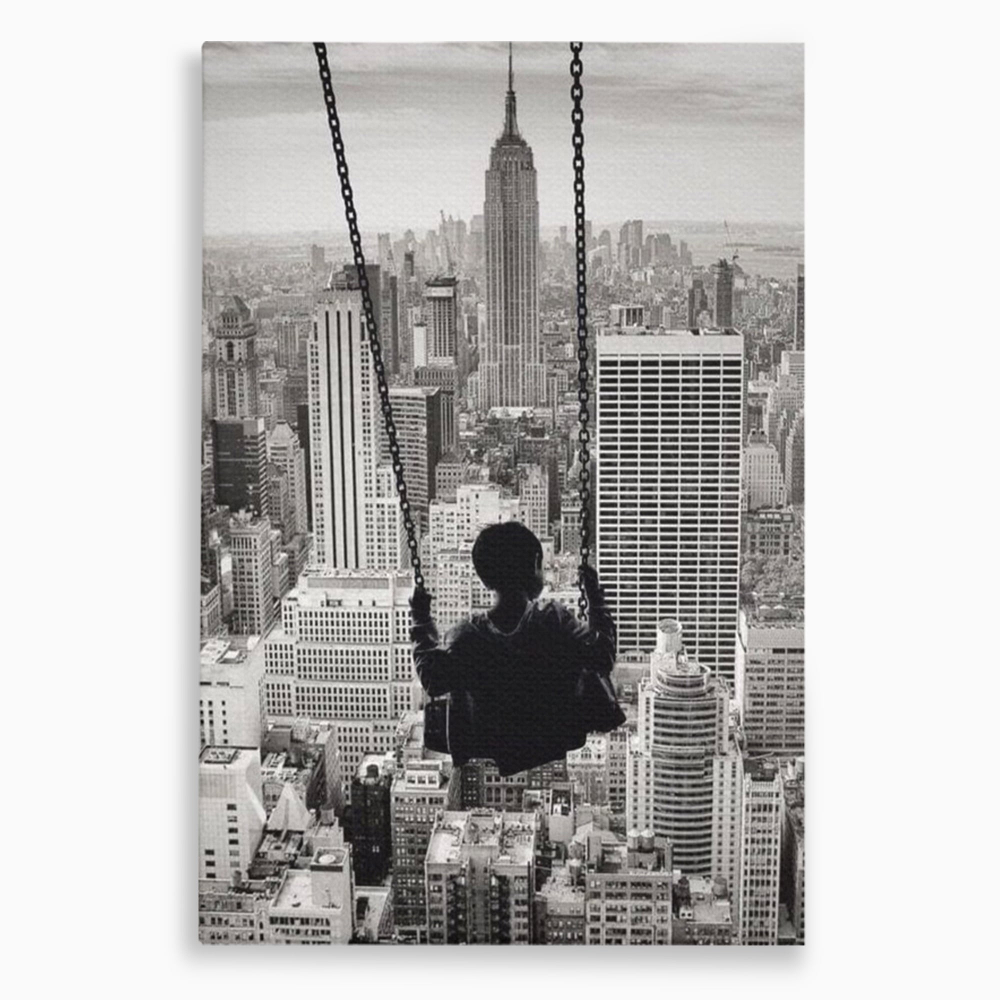 Tablou Canvas Premium, LuxCanva® K1014, Copilul si Acoperisul Lumii, Oras, Leagan, Zgarie Nori, Metropola, Visare, Zbor, Singur, Copil, Alb, Negru, New York, Inocenta, Camera Copii